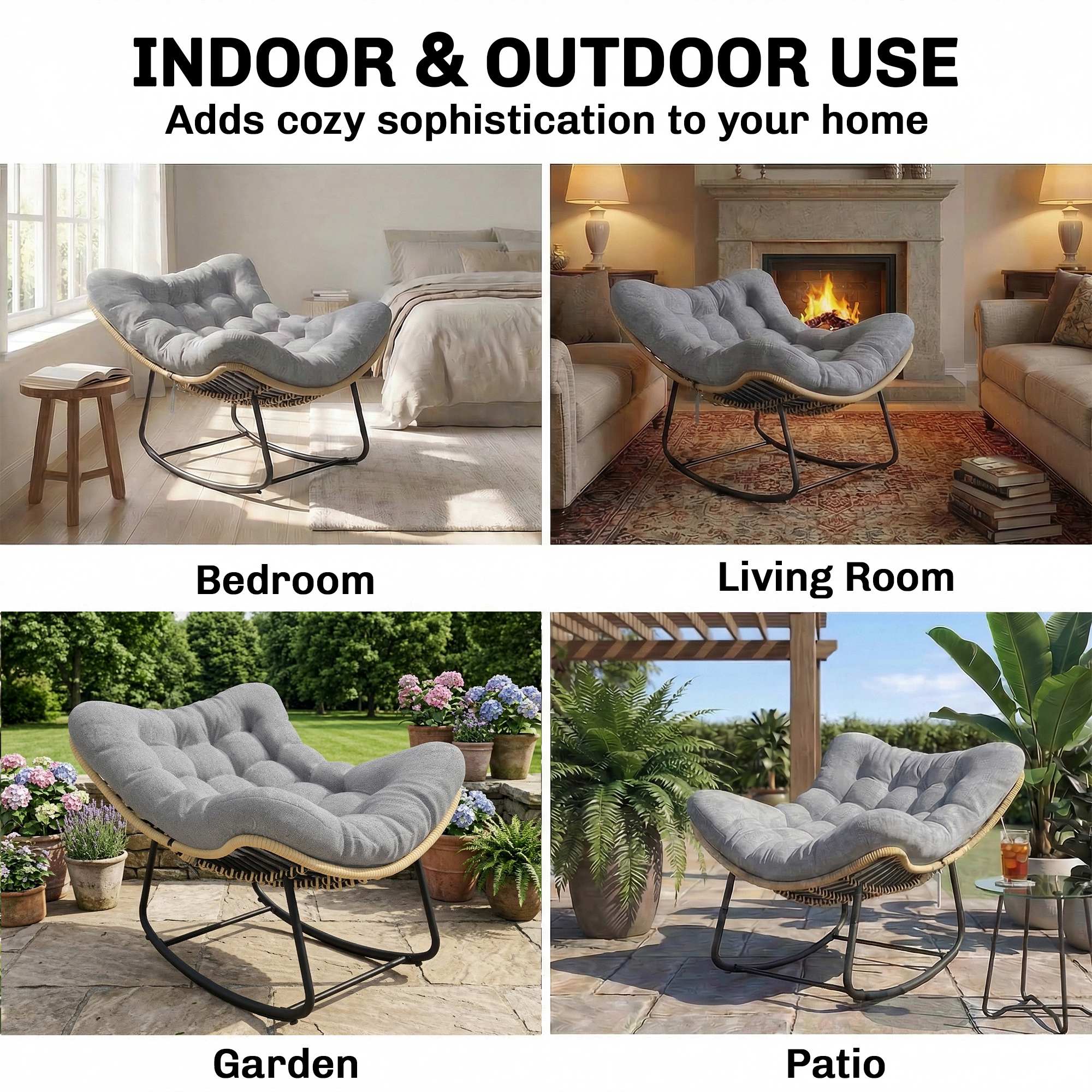 Rattan Rocking Chair with Thick Cushion, Indoor/Outdoor Patio Swing Chair, 265 lb Capacity, 34.3 x 43.3 x 27.6 in (87 x 110 x 70 cm) – Gray