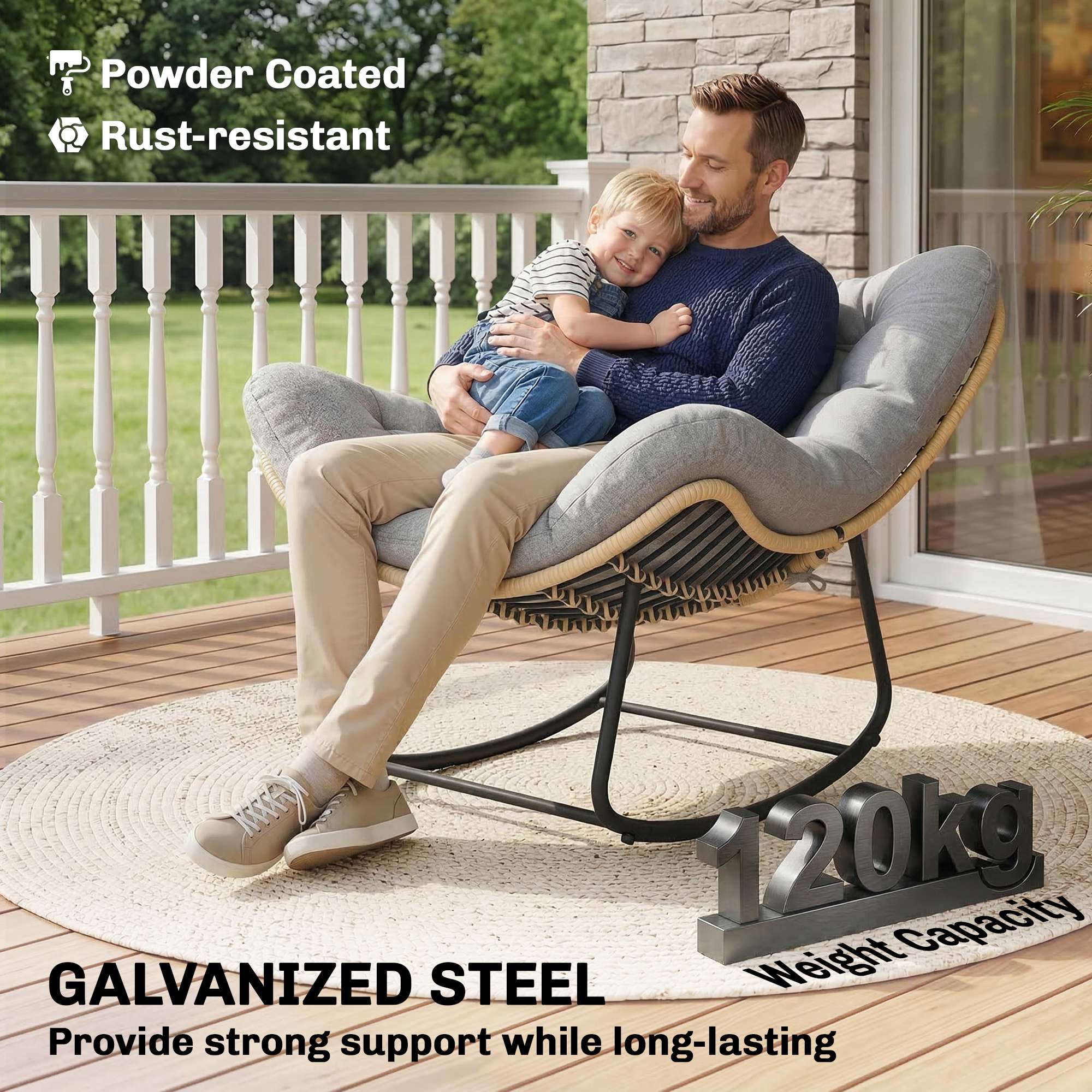 Rattan Rocking Chair with Thick Cushion, Indoor/Outdoor Patio Swing Chair, 265 lb Capacity, 34.3 x 43.3 x 27.6 in (87 x 110 x 70 cm) – Gray