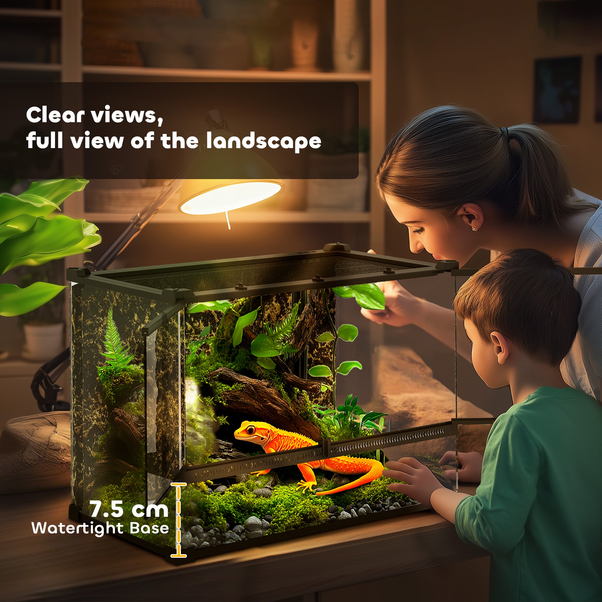 Glass Terrarium for Reptiles — 48 L Enclosure with Front Ventilation, Rock Backdrop, Escape-Proof Knob Lock, Black (50 × 30 × 35 cm / 19.7 × 11.8 × 13.8 in)