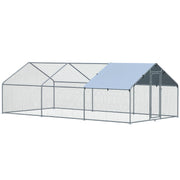 Large Outdoor Galvanized Metal Chicken Coop 3.03x6x1.95 m 3-Room Chicken Cage Oxford Fabric Cover UV and Water Resistant for Yard Silver
