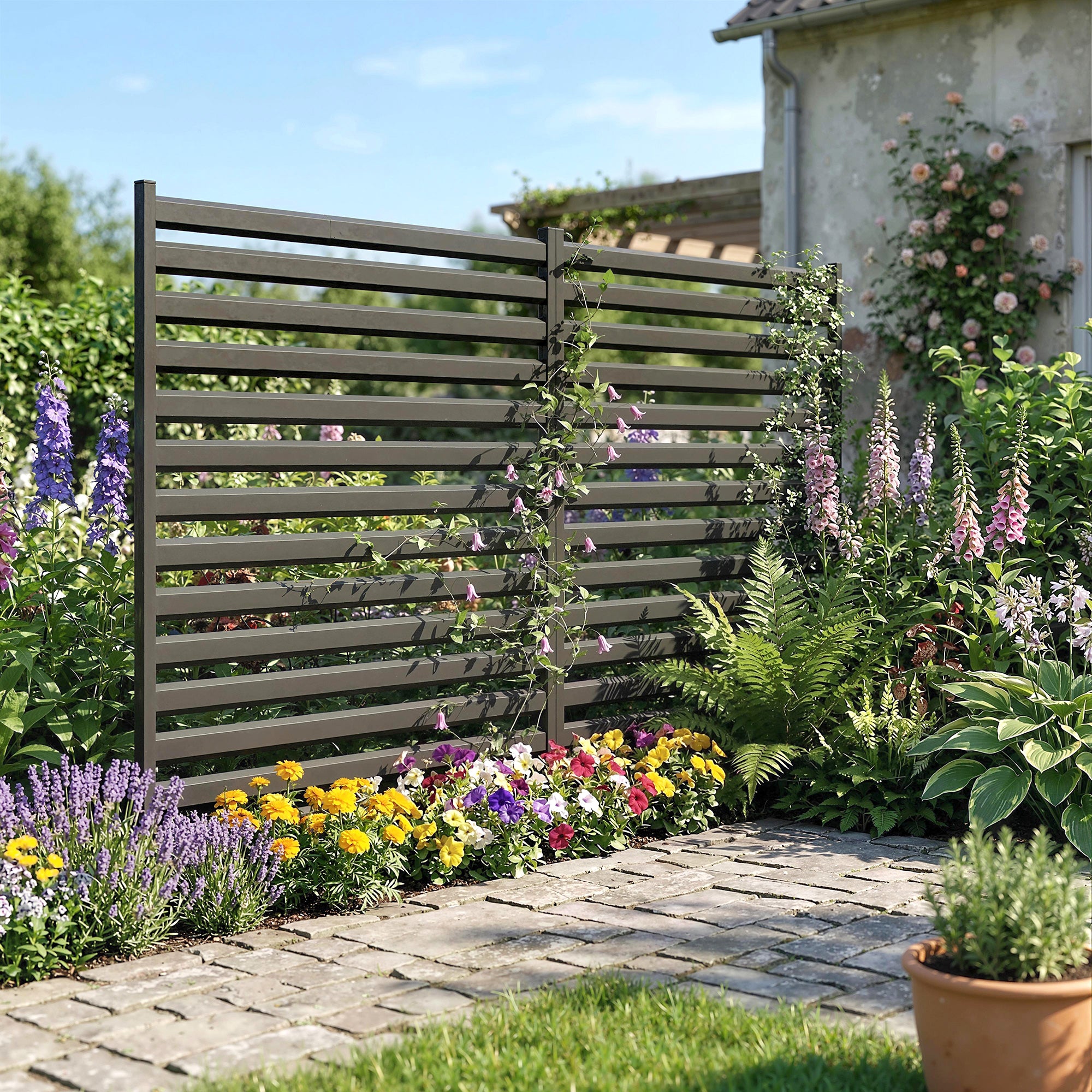 Garden Fence 2 Panels 59.8 x 35.8 in Metal Privacy Fence with Posts & End Caps, Plug-In Decorative Rust-Resistant Outdoor Panels for Trash, Pool, No-Dig Installation, Black