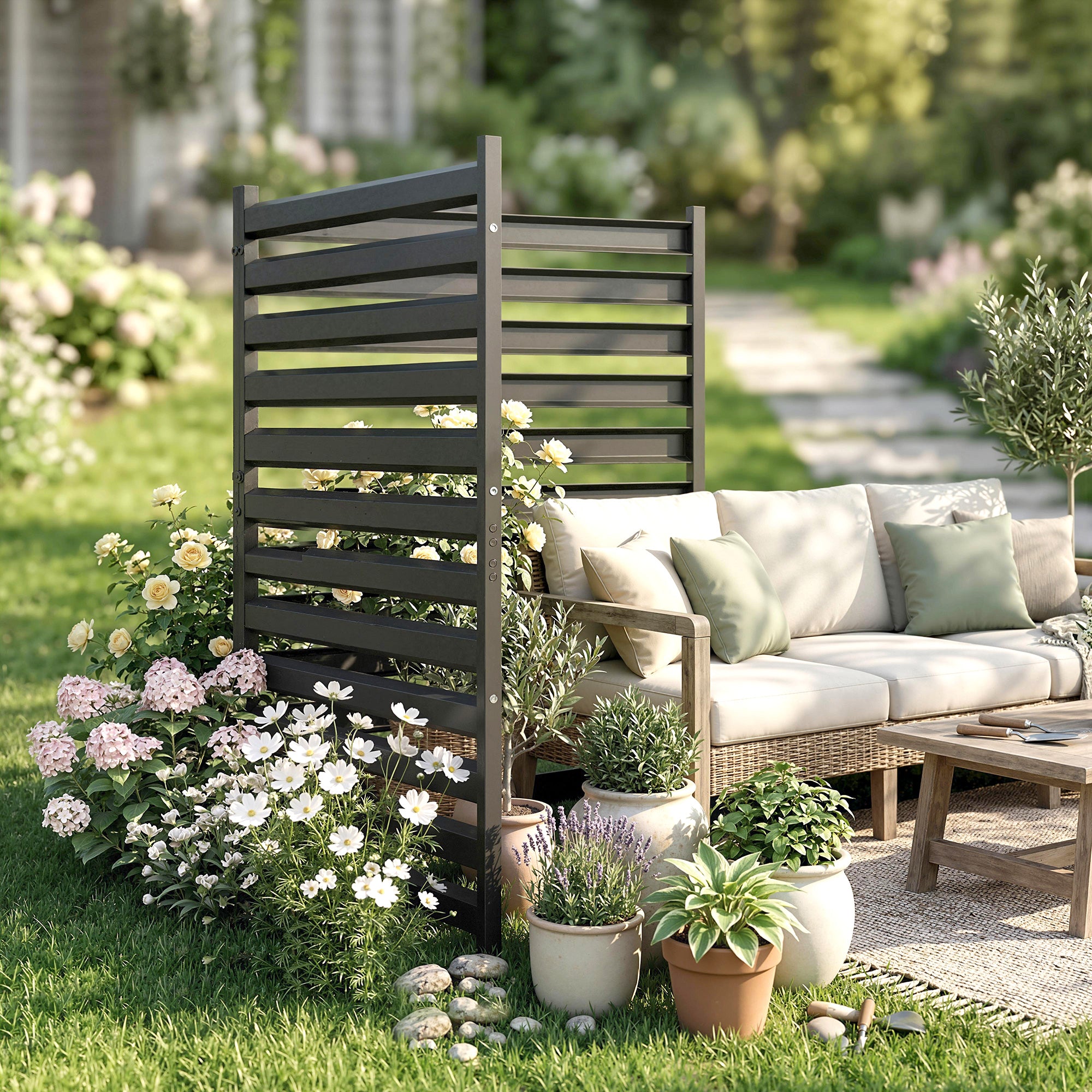 Garden Fence 2 Panels 59.8 x 35.8 in Metal Privacy Fence with Posts & End Caps, Plug-In Decorative Rust-Resistant Outdoor Panels for Trash, Pool, No-Dig Installation, Black