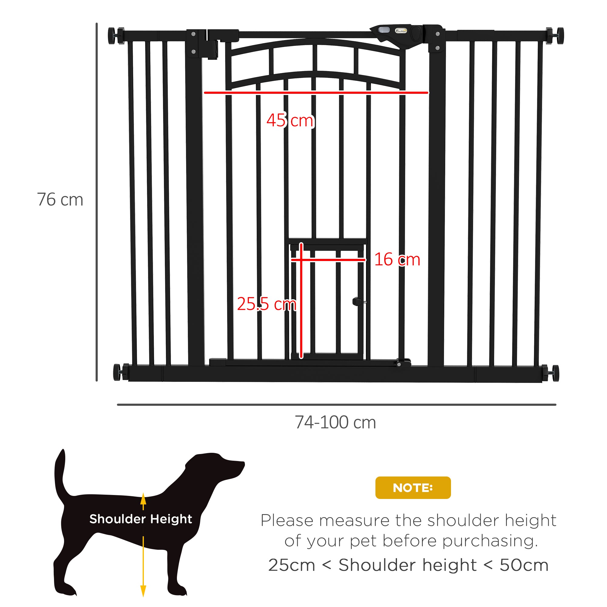 Extensible Small and Medium Dog Gate with Auto-Close, Steel and PA Safety Gate, 74-100x76 cm, Black