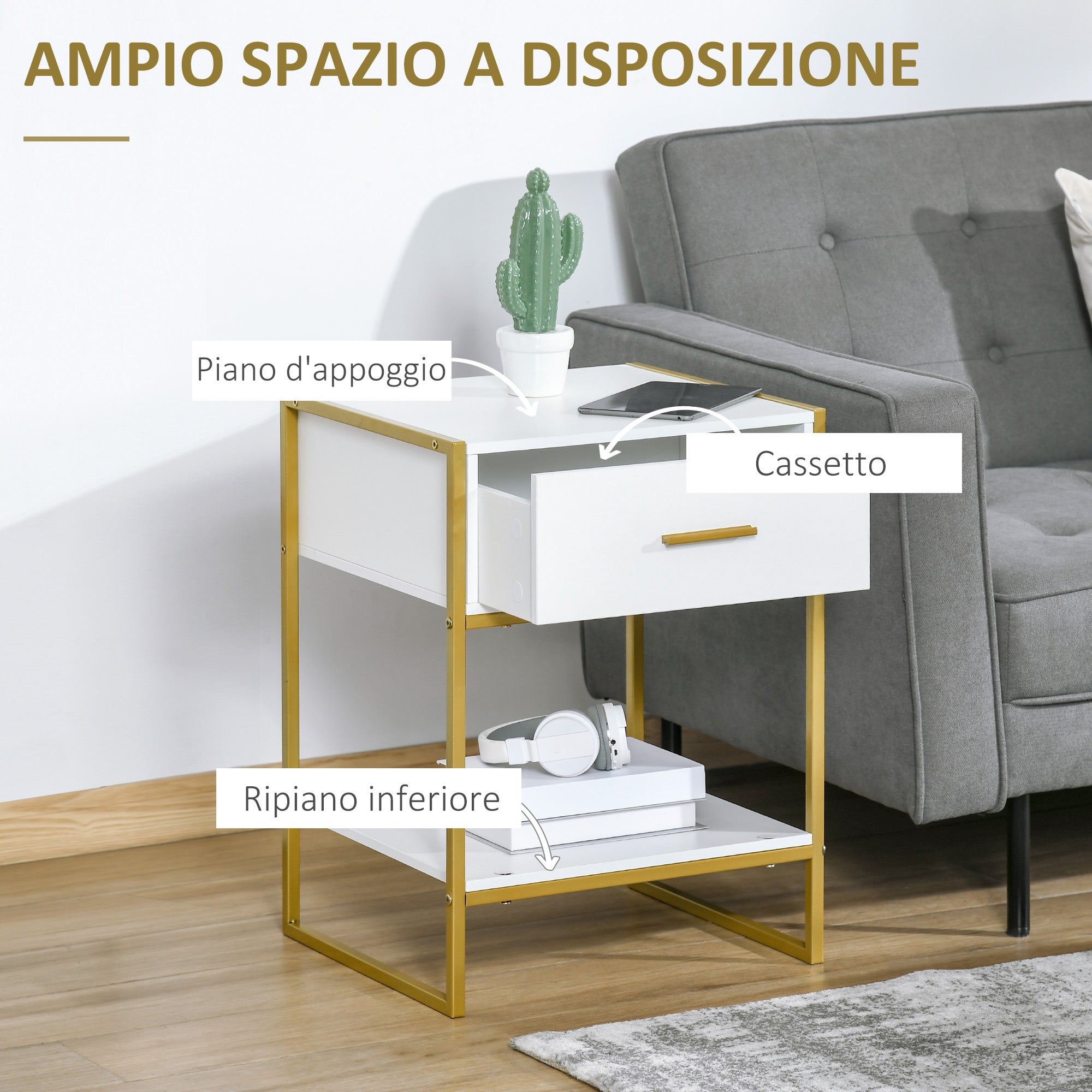 Set of 2 Modern Bedside Tables, 2 Bedside Tables for Bedroom and Living Room, with Drawer and Open Shelf, Modern Design, in MDF and Steel, 45x40x60cm, White and Gold