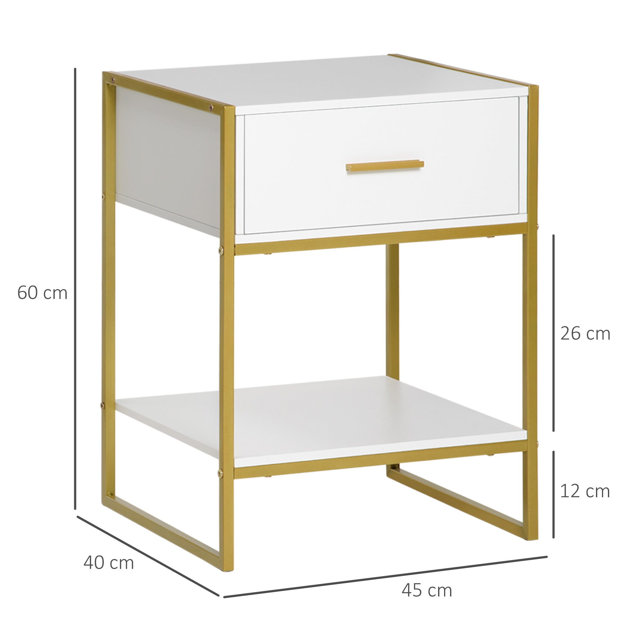 Set of 2 Modern Bedside Tables, 2 Bedside Tables for Bedroom and Living Room, with Drawer and Open Shelf, Modern Design, in MDF and Steel, 45x40x60cm, White and Gold