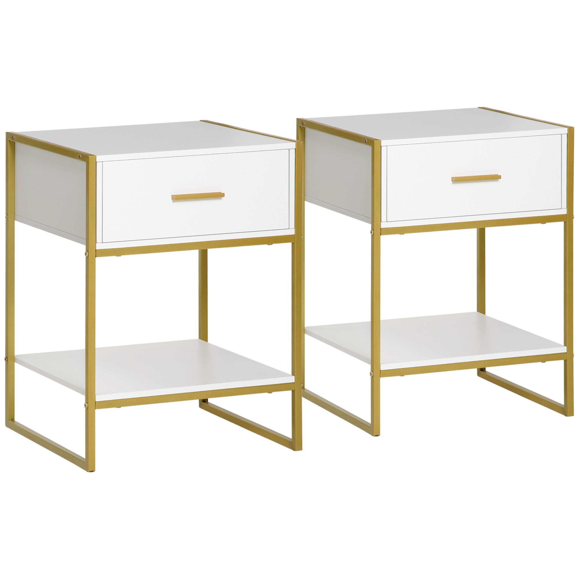 Set of 2 Modern Bedside Tables, 2 Bedside Tables for Bedroom and Living Room, with Drawer and Open Shelf, Modern Design, in MDF and Steel, 45x40x60cm, White and Gold