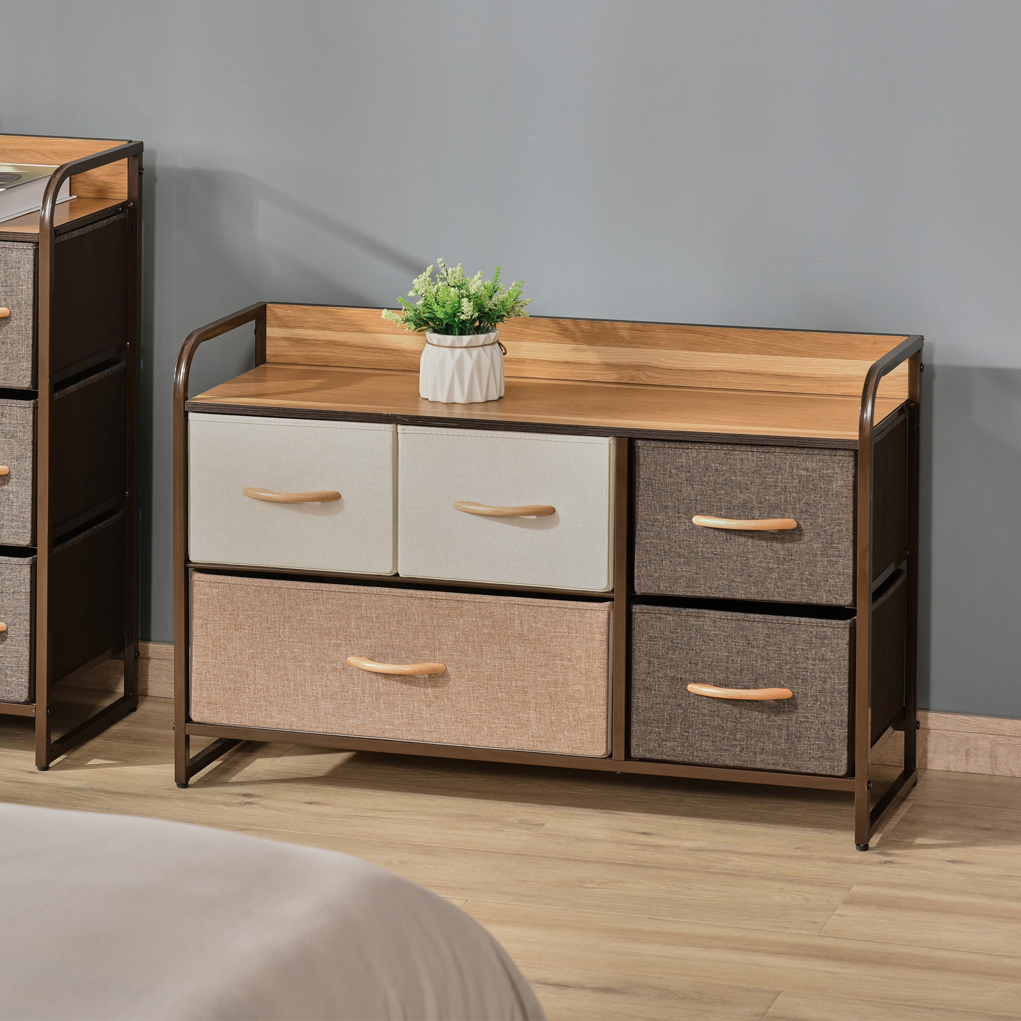 Fabric Dresser for Bedroom with 5 Foldable Drawers Wooden Top and Metal Frame for Living Room 87.5x29x58 cm Multicolor