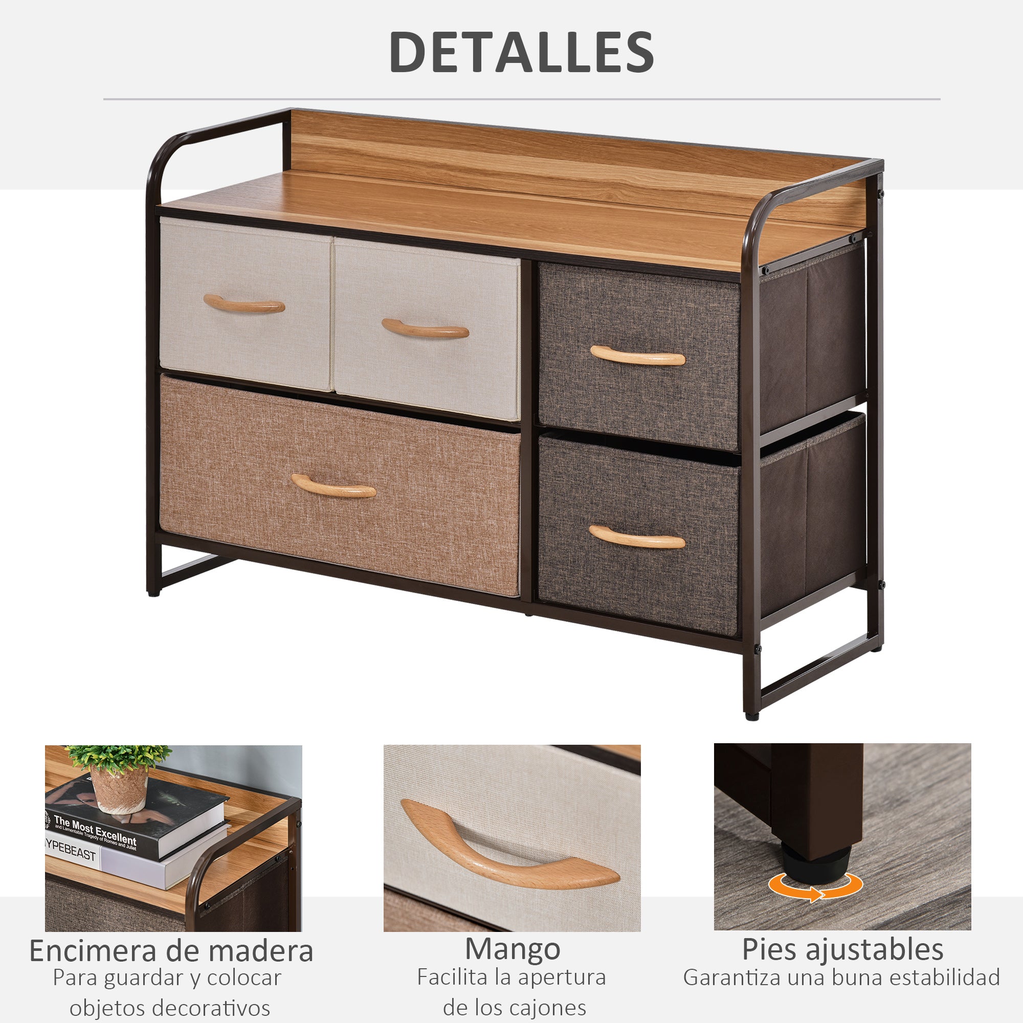 Fabric Dresser for Bedroom with 5 Foldable Drawers Wooden Top and Metal Frame for Living Room 87.5x29x58 cm Multicolor