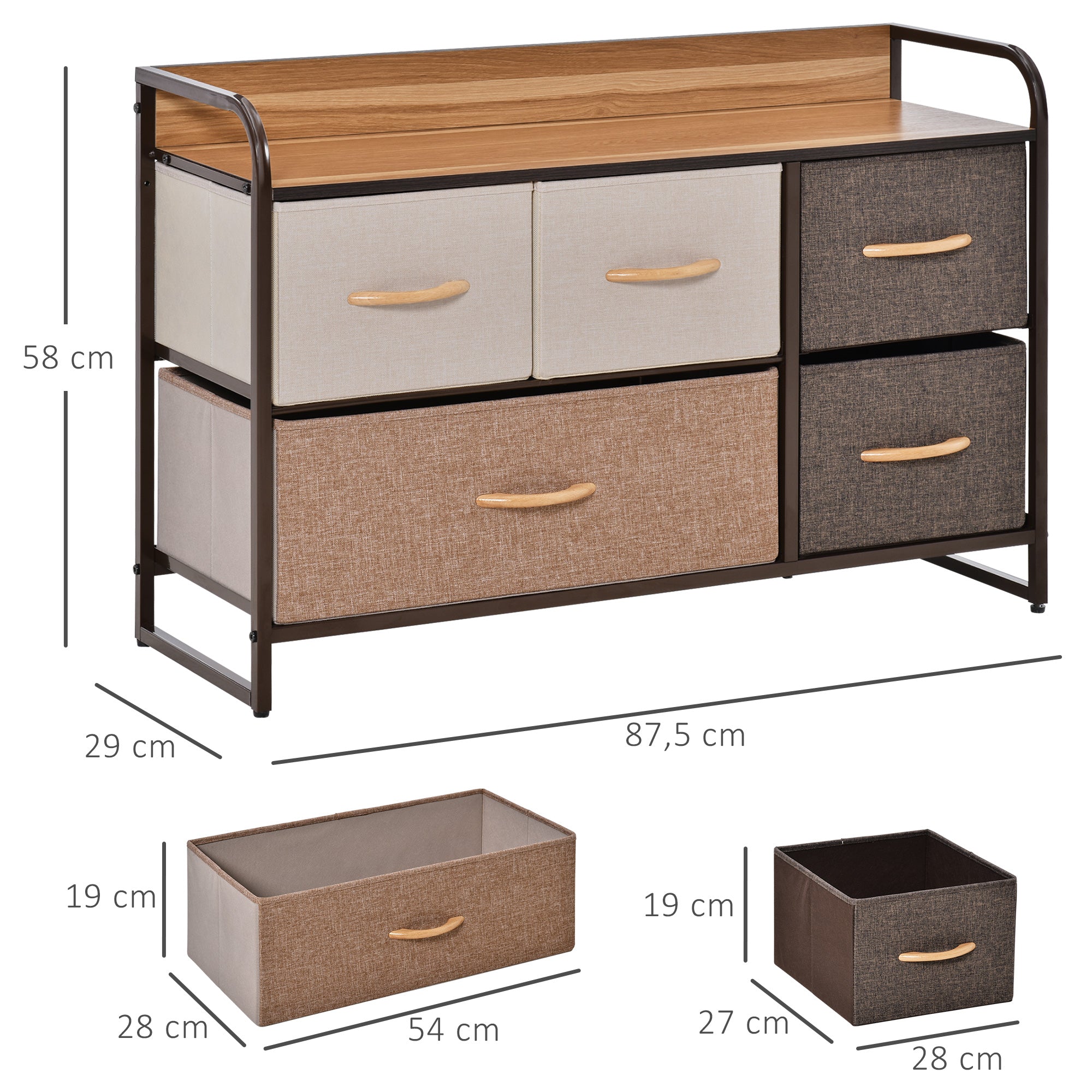 Fabric Dresser for Bedroom with 5 Foldable Drawers Wooden Top and Metal Frame for Living Room 87.5x29x58 cm Multicolor