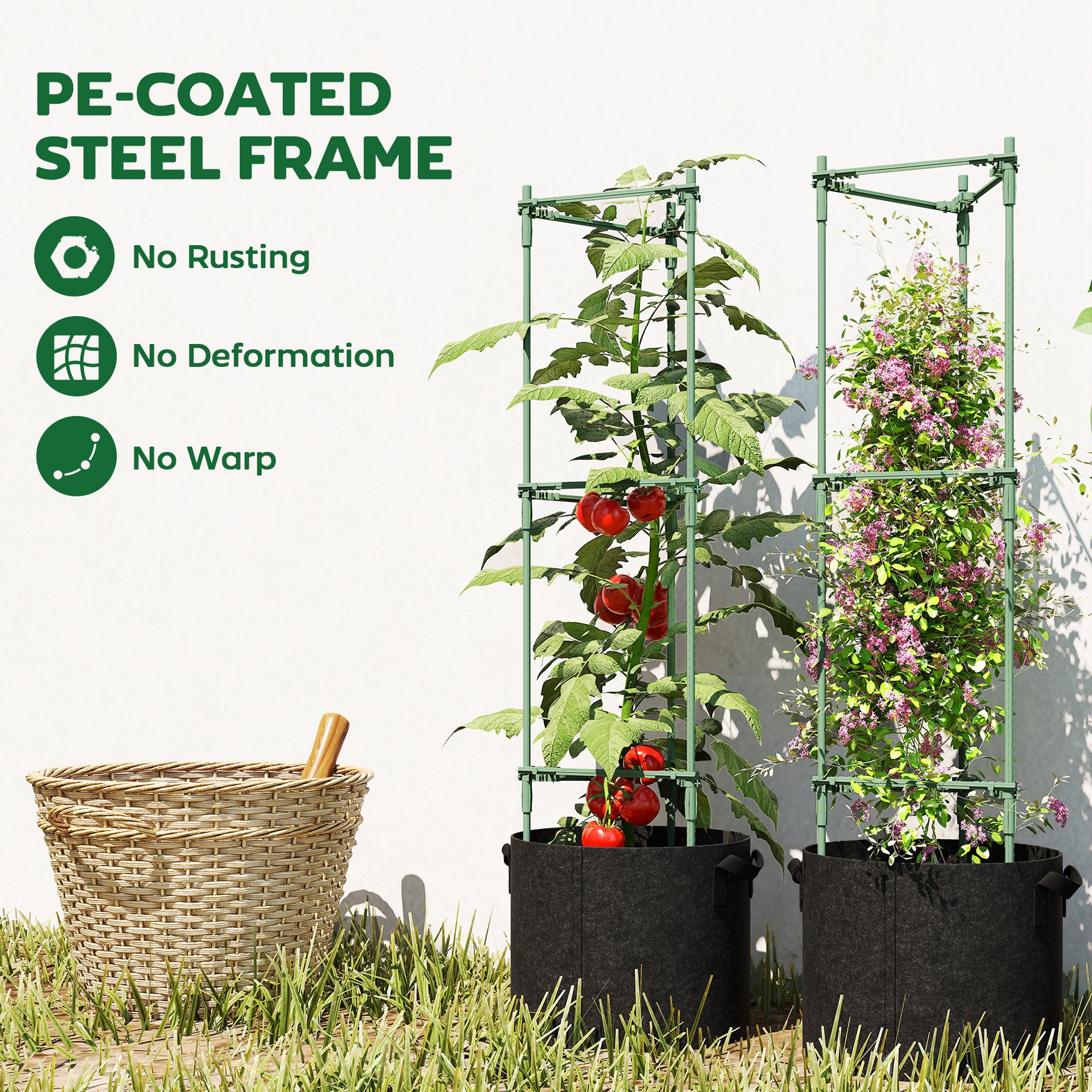 Raised Planter with Support Trellis, 3-Pack 83.7 L Fabric Grow Bags for Tomatoes & Climbing Plants — 35 x 35 x 120 cm (13.8 x 13.8 x 47.2 in)