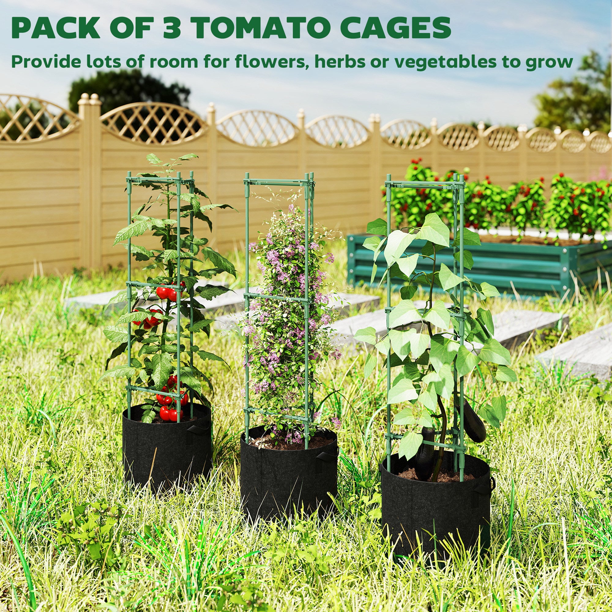 Raised Planter with Support Trellis, 3-Pack 83.7 L Fabric Grow Bags for Tomatoes & Climbing Plants — 35 x 35 x 120 cm (13.8 x 13.8 x 47.2 in)