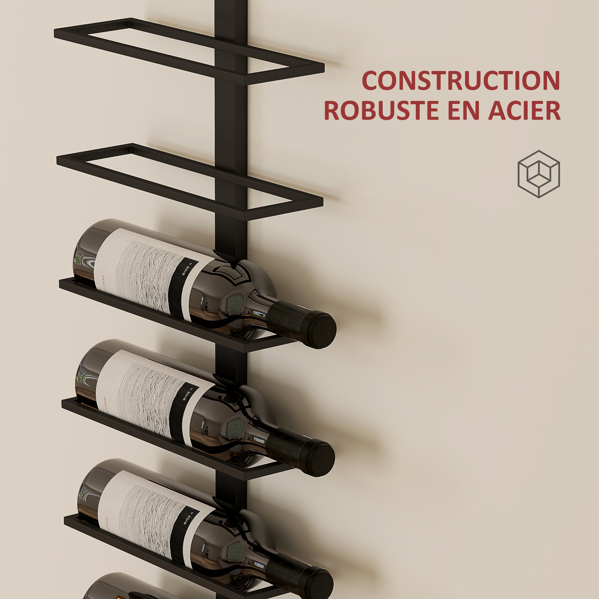 10-Level Wall-Mounted Wine Rack, Steel Wine Shelf for 10 Bottles, Wine Rack for Kitchen, Bar, Dining Room, Cellar, Black