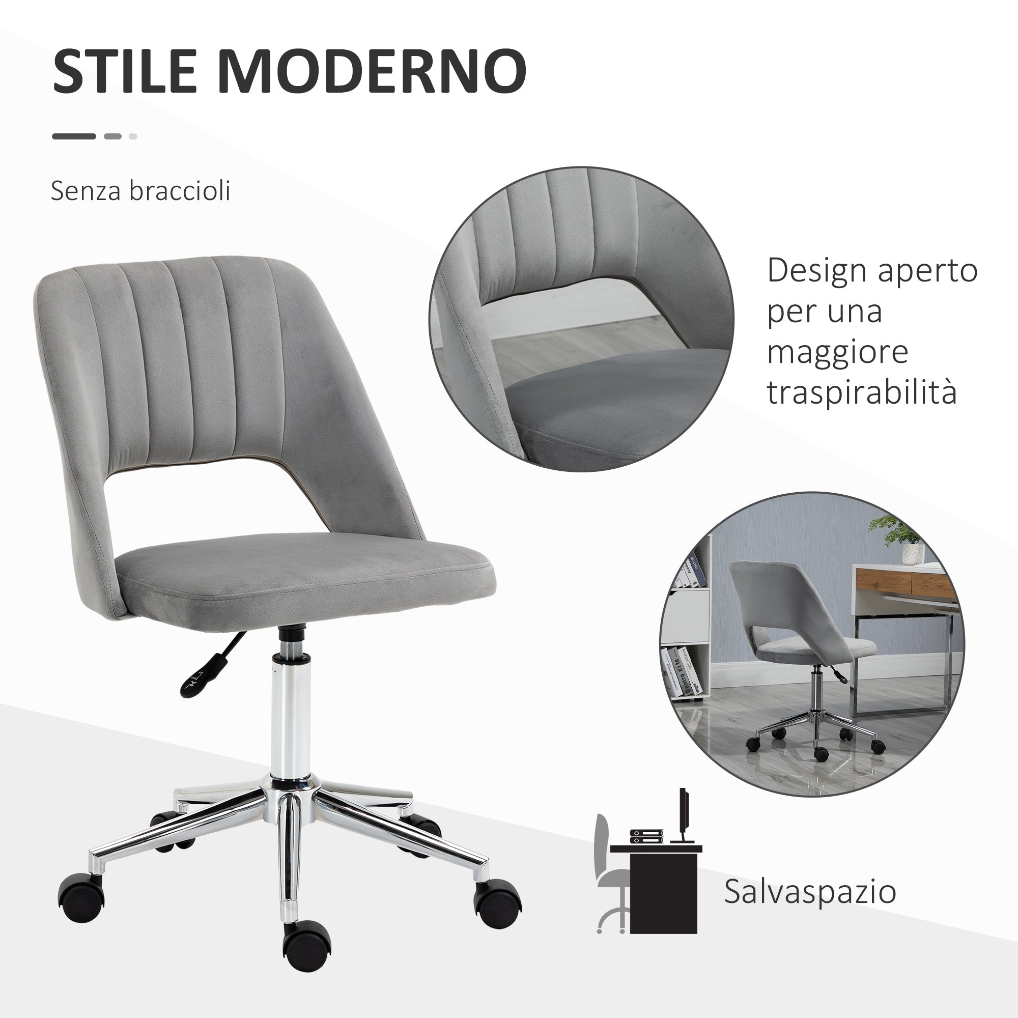 Ergonomic and Swivel Office Chair, Padded Desk Chair with Adjustable Height, Gray 49x60x79-91cm