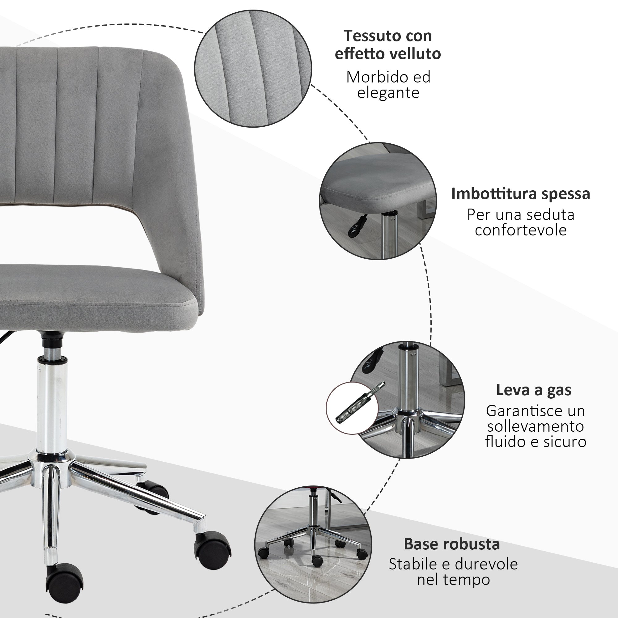 Ergonomic and Swivel Office Chair, Padded Desk Chair with Adjustable Height, Gray 49x60x79-91cm