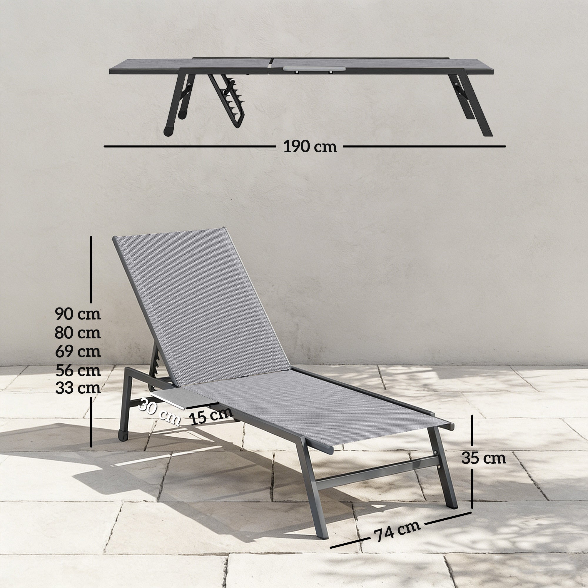 2-Piece Adjustable Sun Lounger Set with 5-Position Backrests, Side Tables & Wheels — Slip-Resistant Feet, Up to 265 lb, Outdoor Chaise for Pool & Beach, Gray