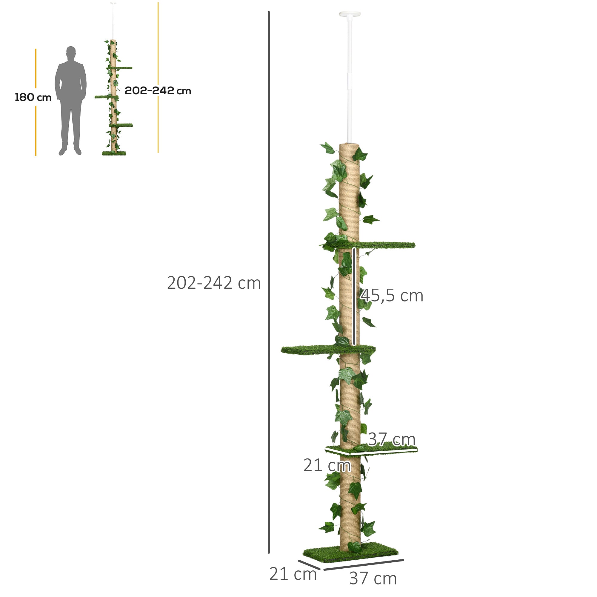 Cat Tree, Floor-to-Ceiling Cat Scratching Post, 202-242 cm, Climbing Tree, Adjustable Height Cat Tree, Play Tree with Tilt Protection, Jute, Green+Yellow