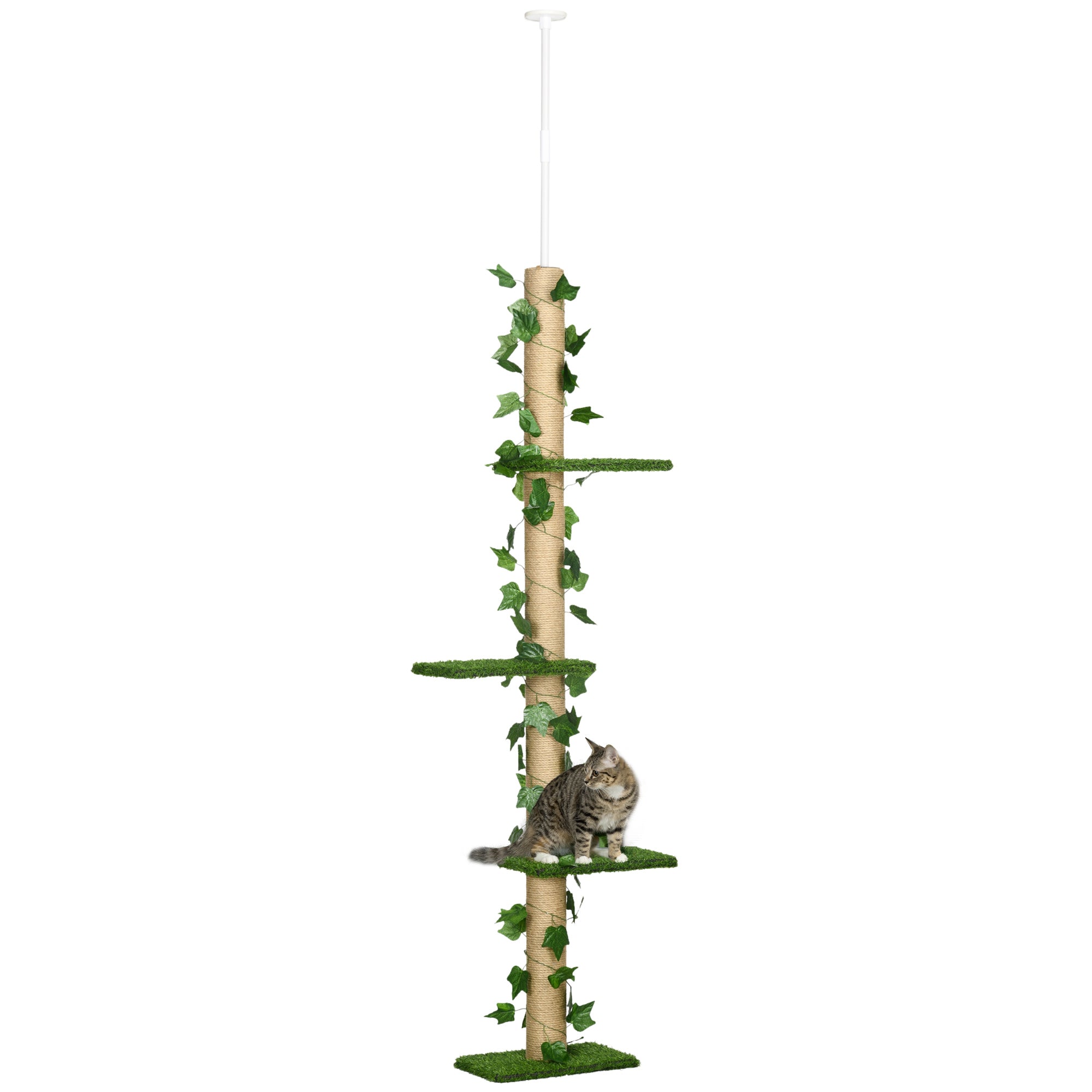 Cat Tree, Floor-to-Ceiling Cat Scratching Post, 202-242 cm, Climbing Tree, Adjustable Height Cat Tree, Play Tree with Tilt Protection, Jute, Green+Yellow