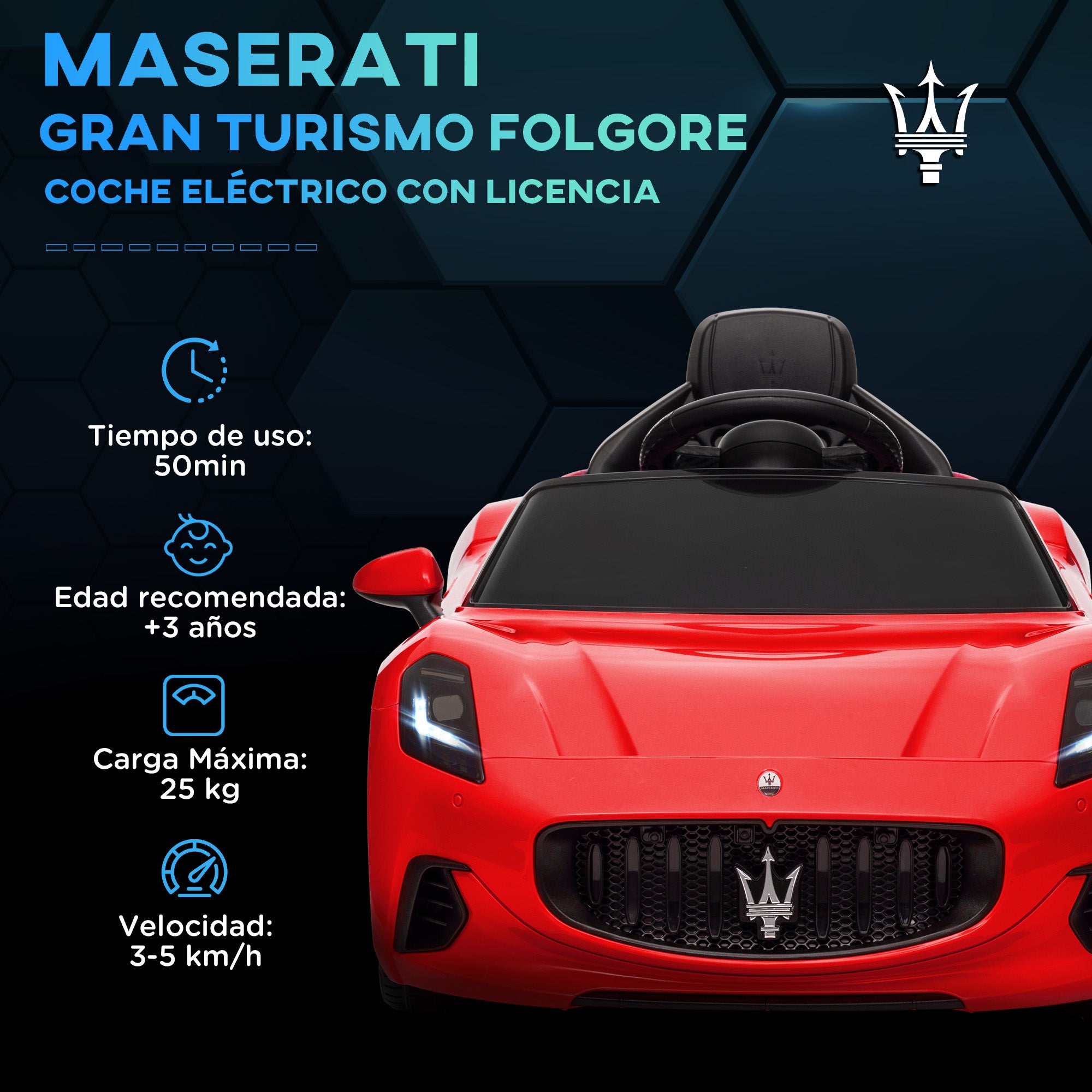 Electric Car for Kids +3 years Maserati Gran Turismo Folgore 2 Powerful Motors Electric Car with 12V Battery Speed 3-5 km/h 2.4G Remote Control Headlights Horn and MP3 Red