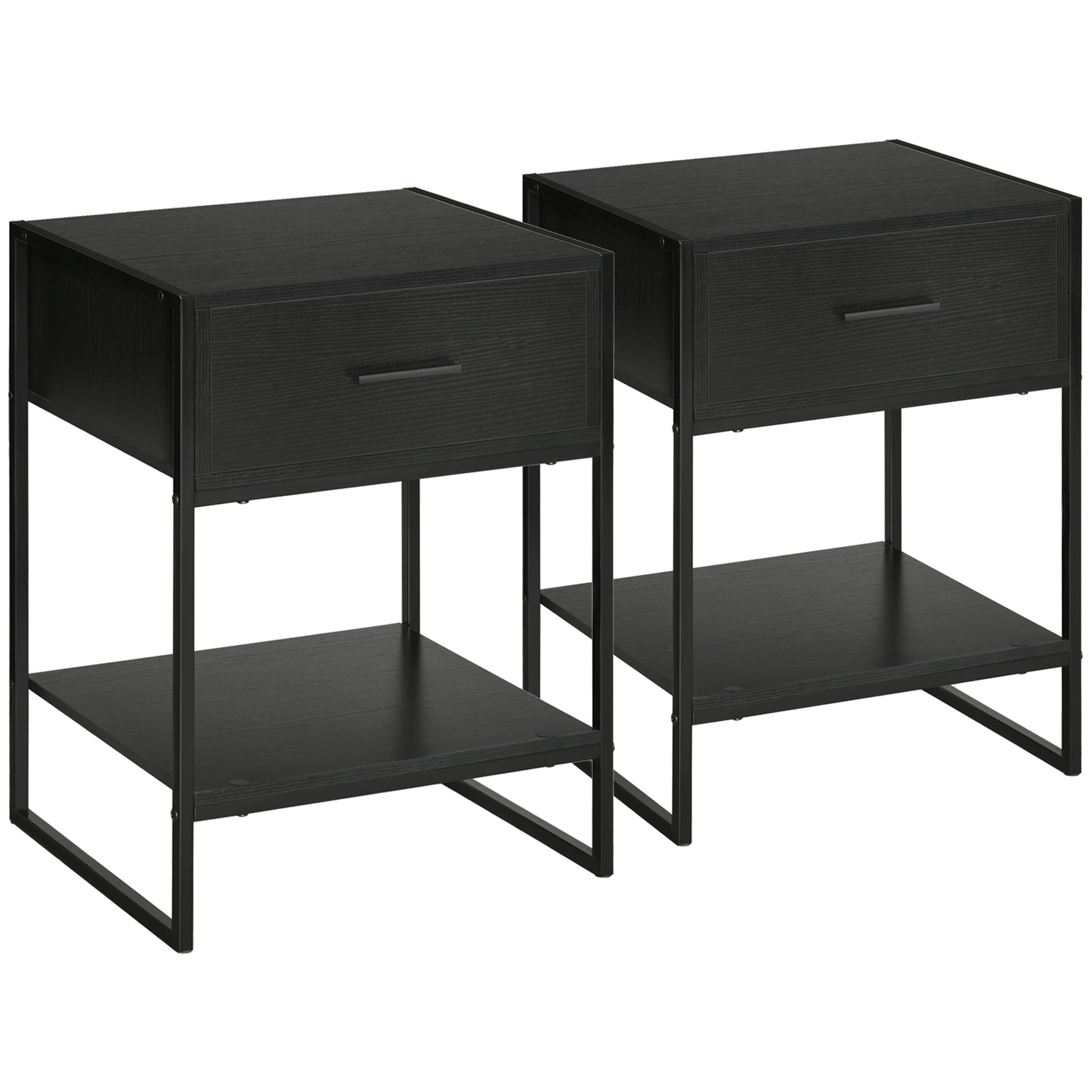Set of 2 Modern Bedside Tables, 2 Bedroom and Living Room Bedside Tables, with Drawer and Open Shelf, Modern Design, in MDF and Steel, 45x40x60cm, Black