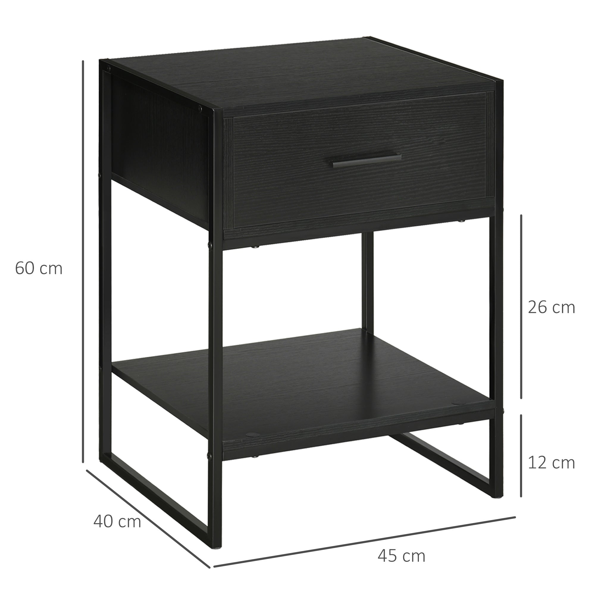Set of 2 Modern Bedside Tables, 2 Bedroom and Living Room Bedside Tables, with Drawer and Open Shelf, Modern Design, in MDF and Steel, 45x40x60cm, Black