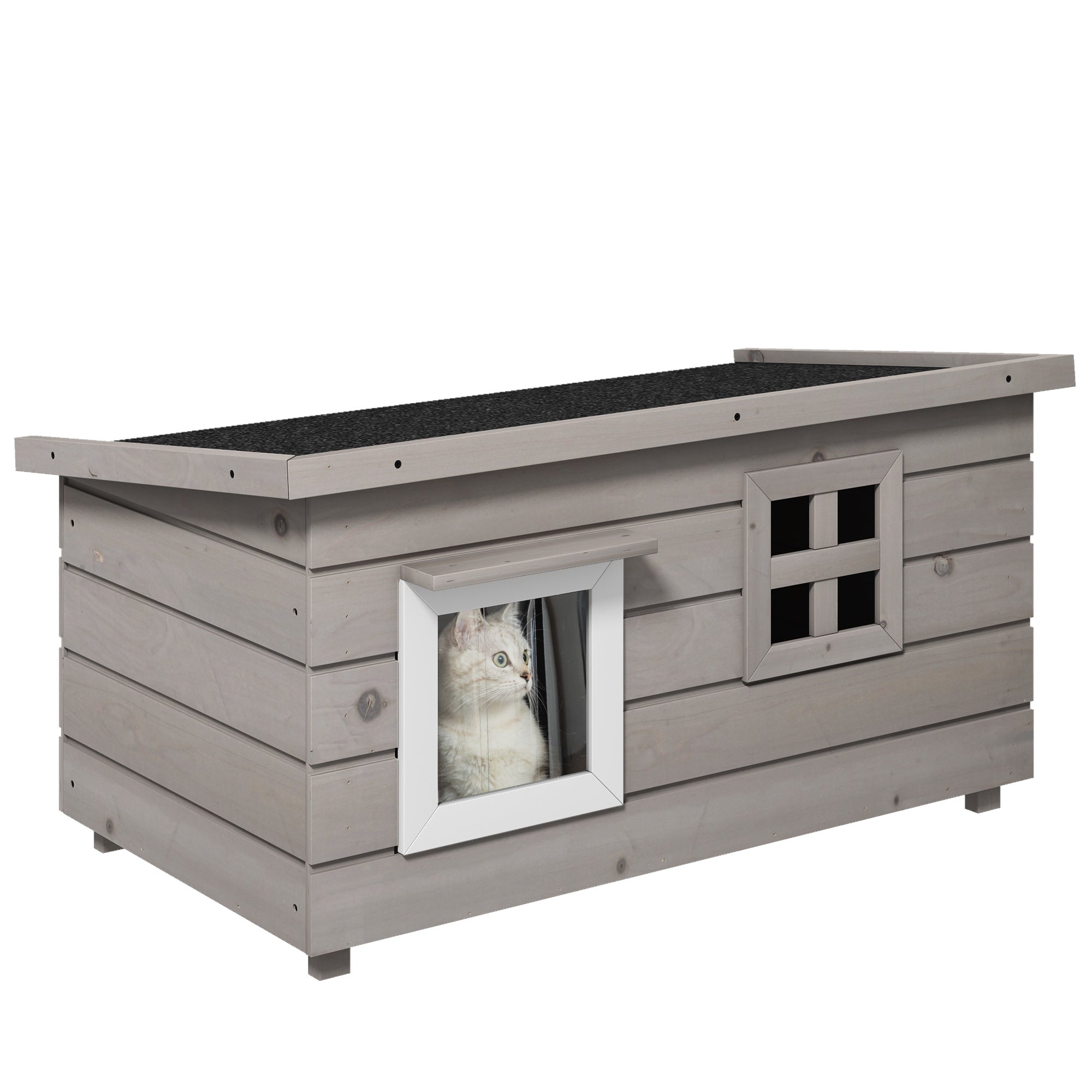 Cat House Cat Shelter with Asphalt Roof Cat Cave Pet House with Window for Cats Dogs Outdoor Winterproof Pine Gray Black 87 x 52 x 44 cm