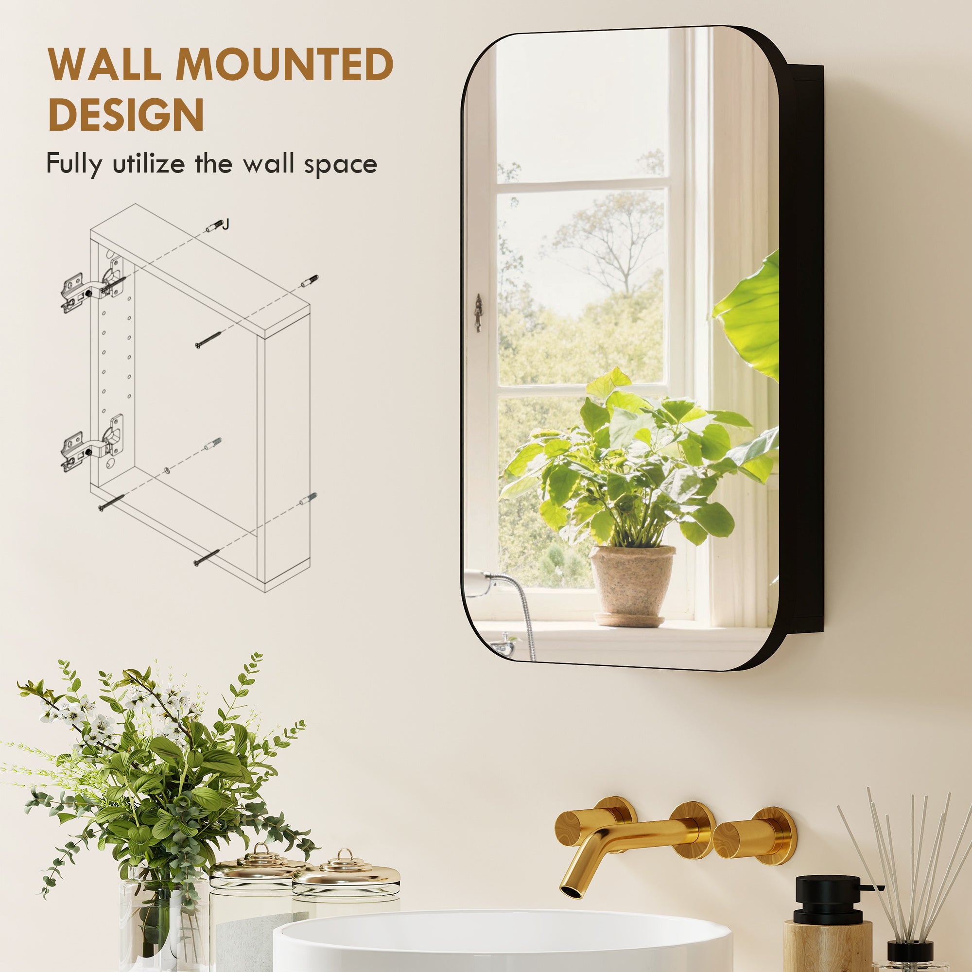 Bathroom Mirrored Cabinet, Wall-Mounted Black Medicine Cabinet with Adjustable Shelves and Soft-Close Door, 15.7 x 3.9 x 23.6 in