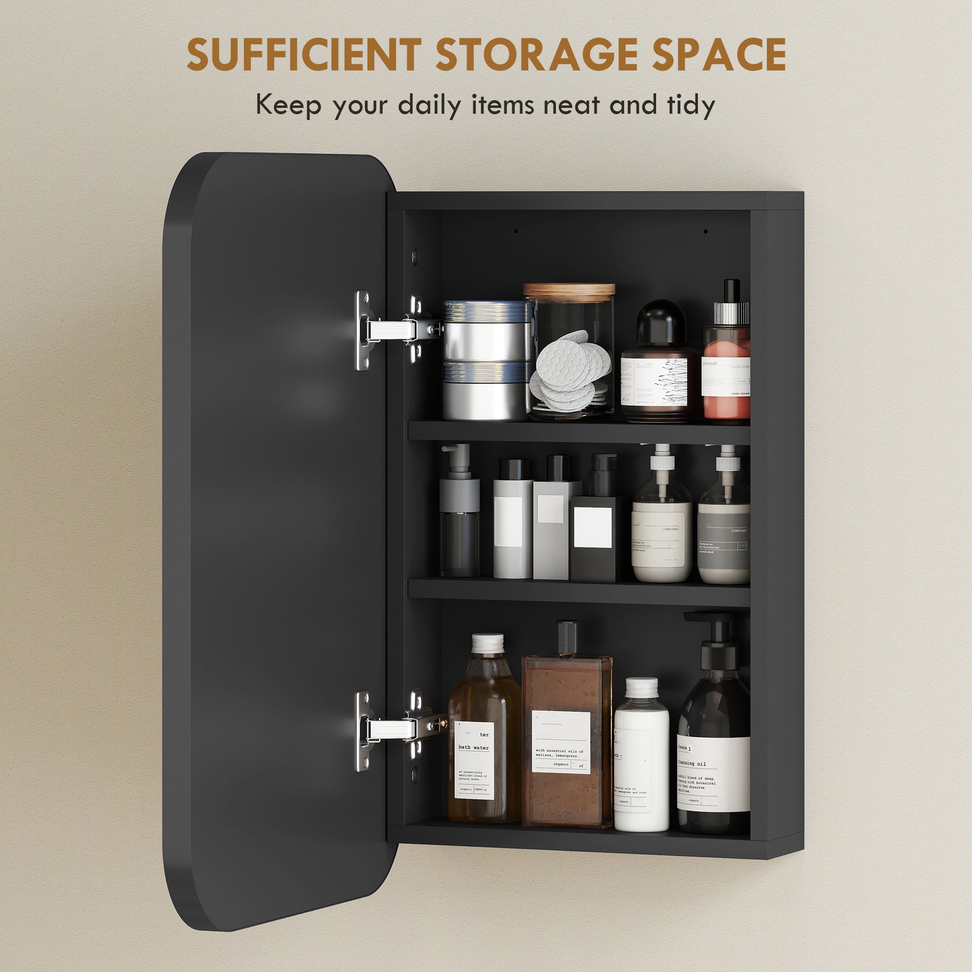 Bathroom Mirrored Cabinet, Wall-Mounted Black Medicine Cabinet with Adjustable Shelves and Soft-Close Door, 15.7 x 3.9 x 23.6 in