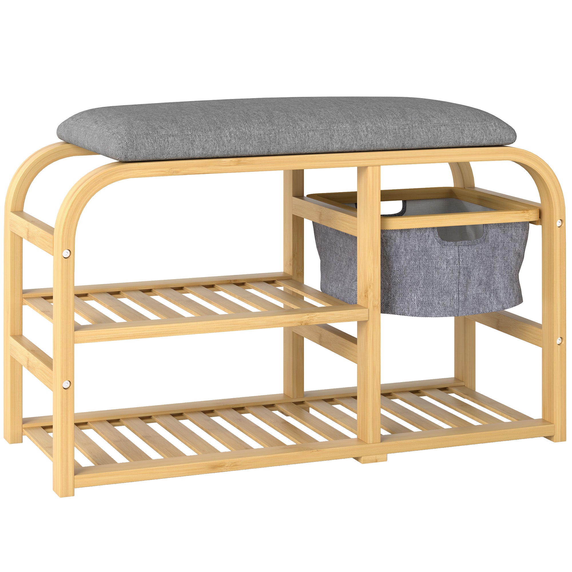 Shoe Bench with 2 Levels, Bench with Pull-Out Basket, 2 Shoe Shelves, Hallway Bench with Linen Look, for 5 Pairs of Shoes, for Hallway, Gray, 70 x 30 x 45 cm