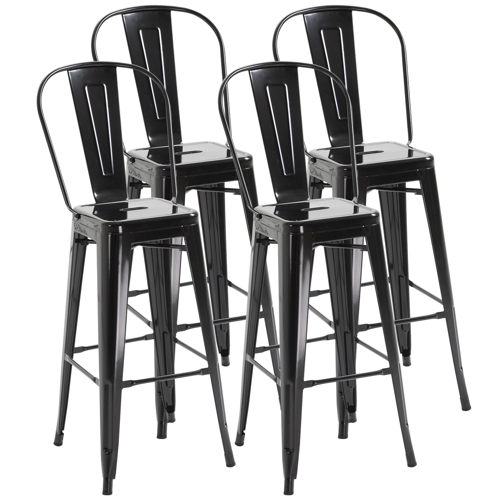 Set of 4 Stackable Bar Stools Industrial Bar Chair with Backrest Footrest Seating Height 76 cm Black Metal