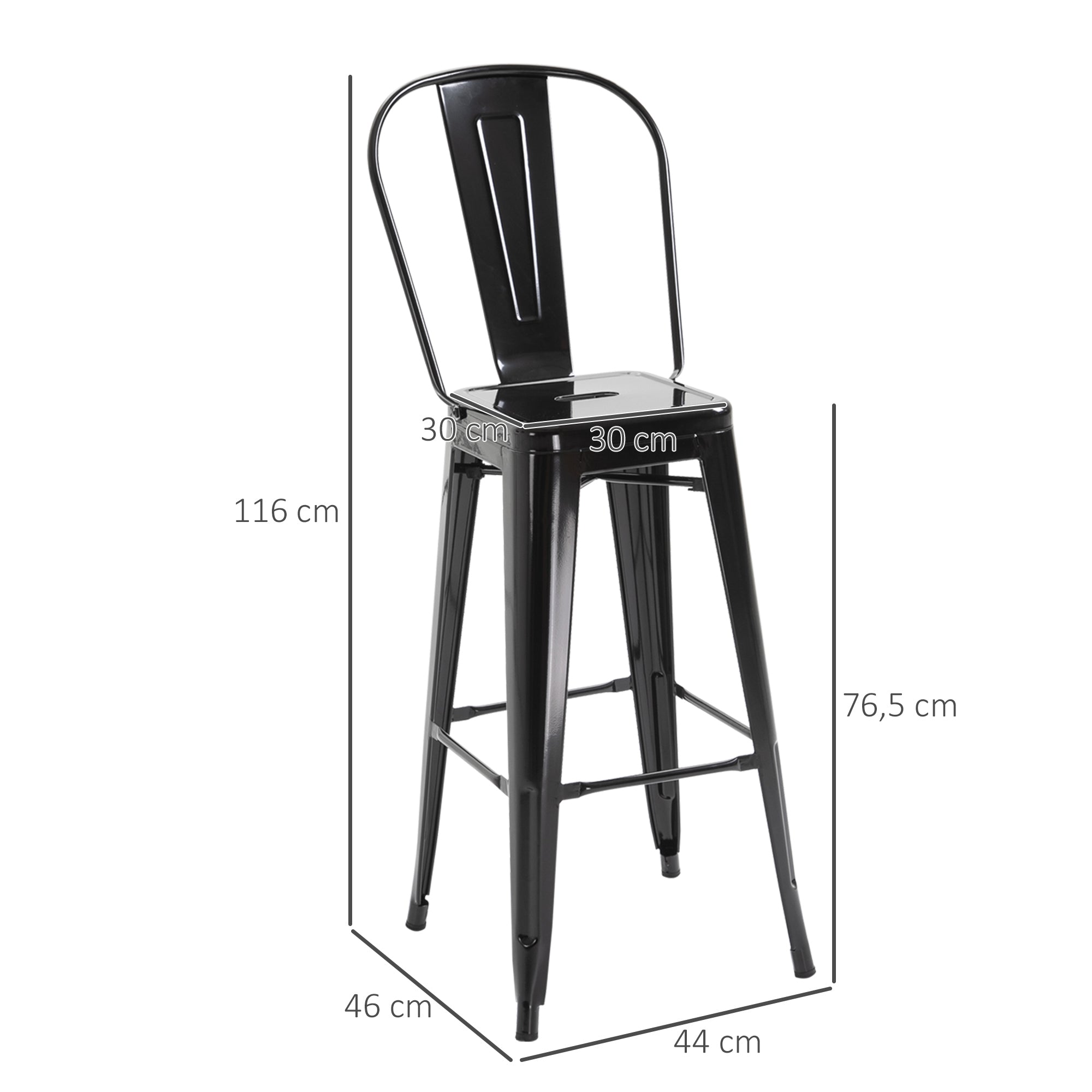 Set of 4 Stackable Bar Stools Industrial Bar Chair with Backrest Footrest Seating Height 76 cm Black Metal