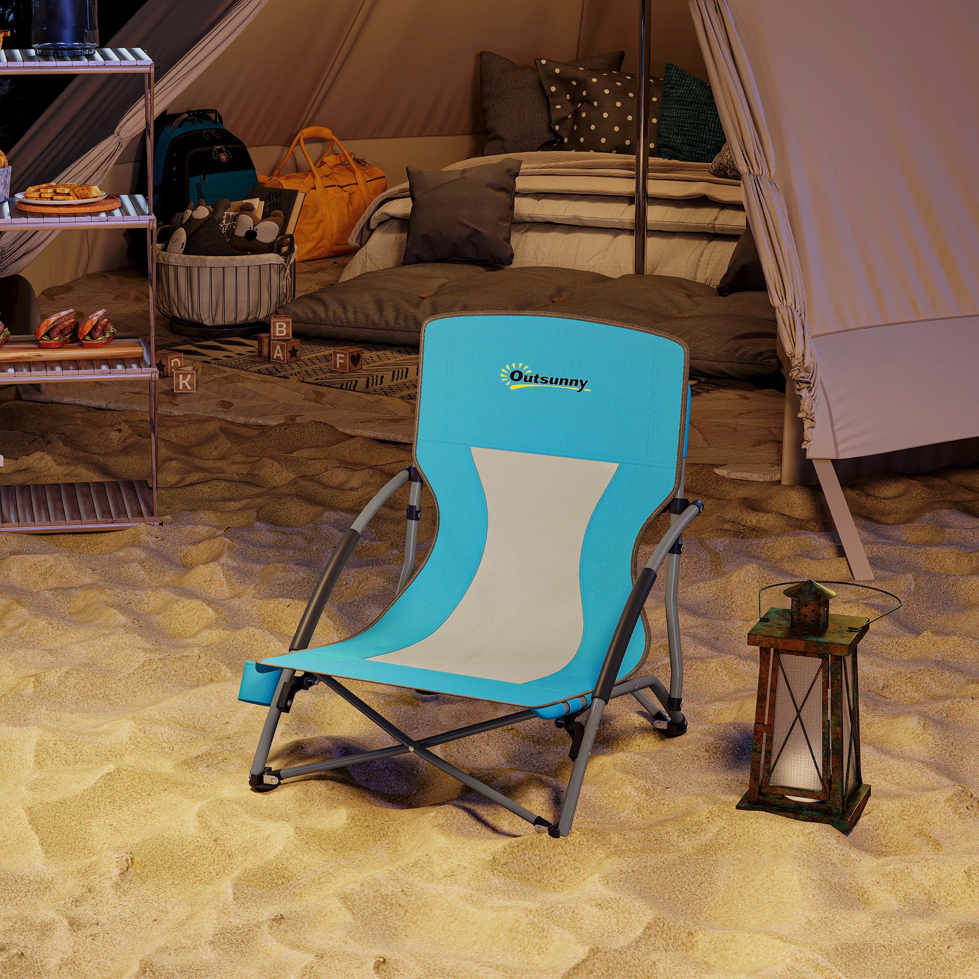 Folding Beach Chair, Lightweight Camping Chair 2.2 kg, with Mesh Backrest, Carrying Bag, and Cup Holder for Garden, Picnic, Festival, Travel, Blue