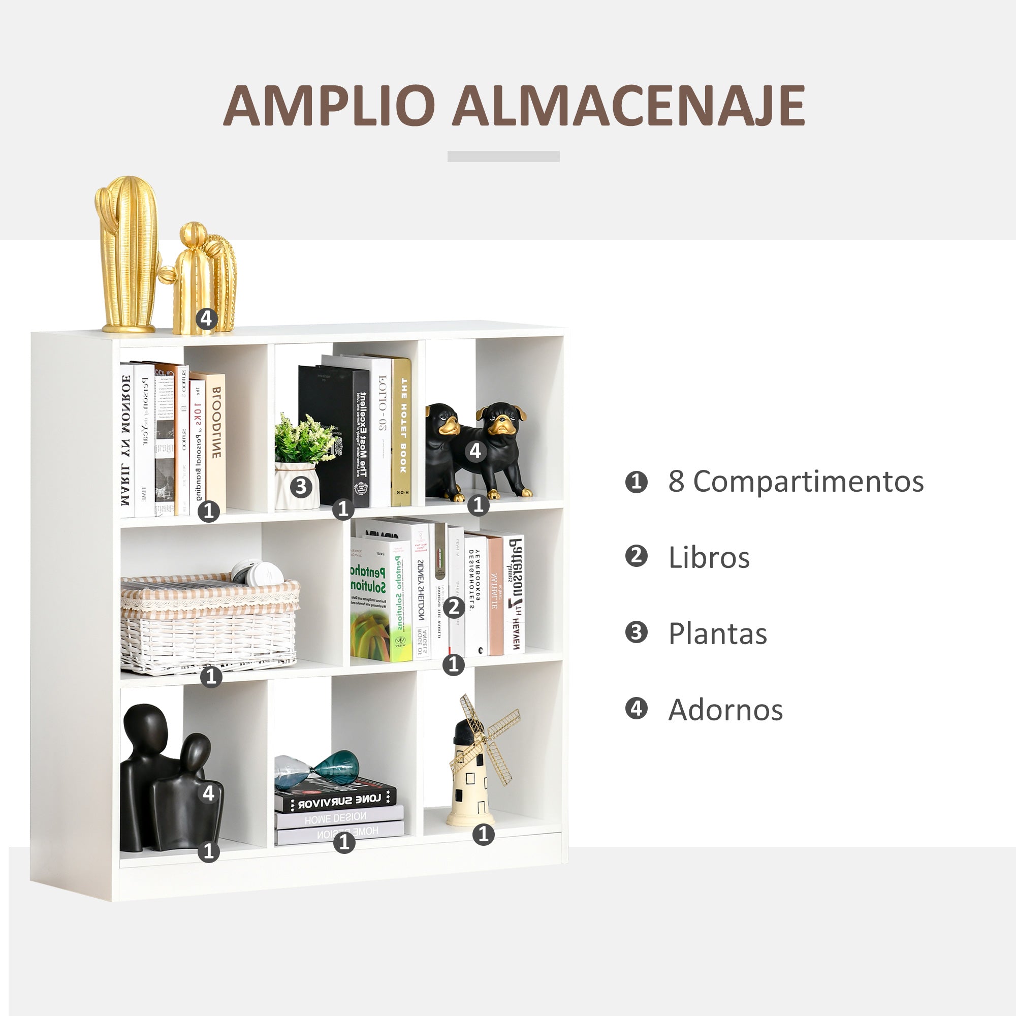 Bookcase Shelf with 8 Compartments Display Shelf Modern Bookcase for Living Room Bedroom Office 97.5x30x100 cm White