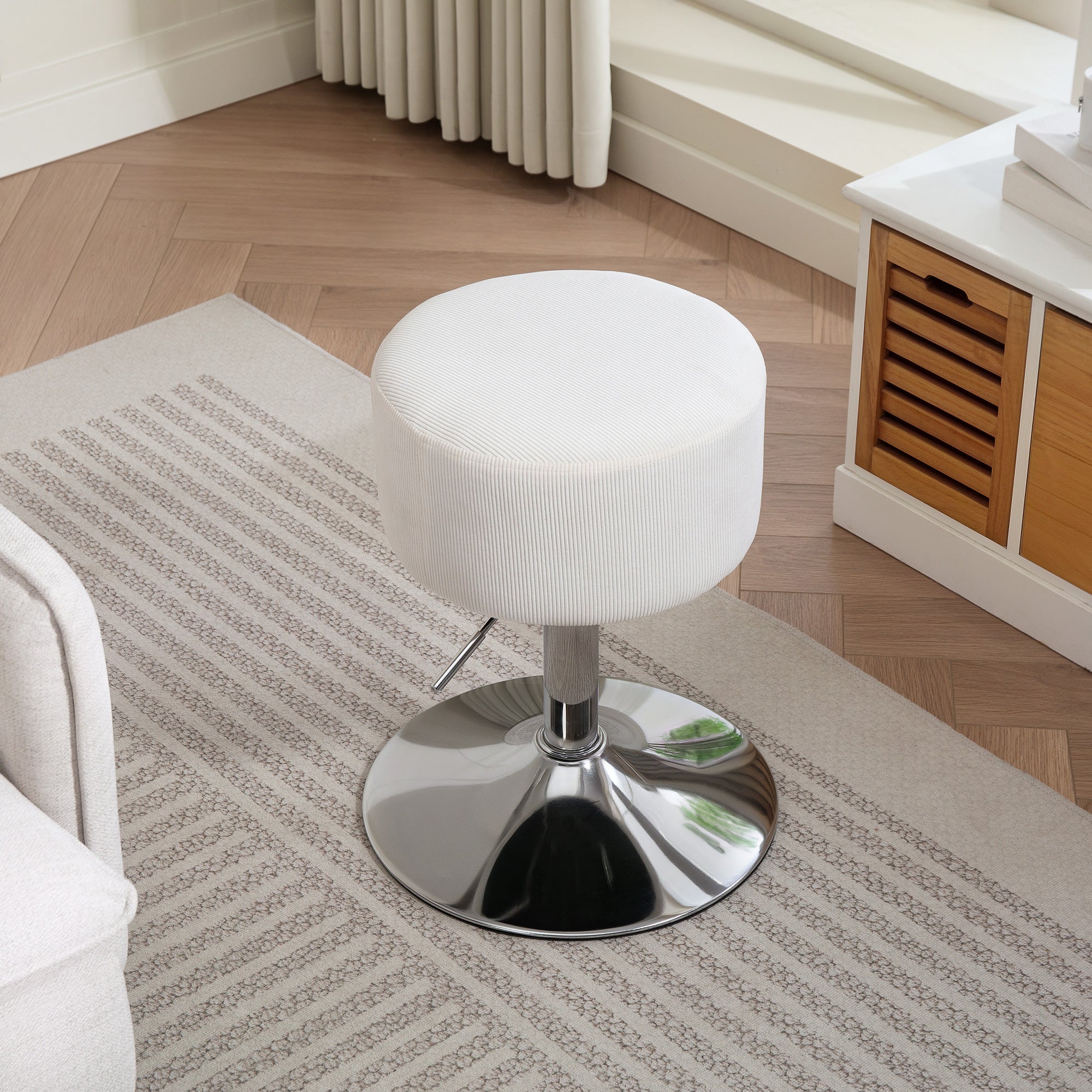 Bar Stool, Padded Bar Chair with Metal Frame, Cord Look, Height Adjustable Kitchen Stool with Footrest 360° Swivel Barstool for Kitchen, Living Room, Dining Room White