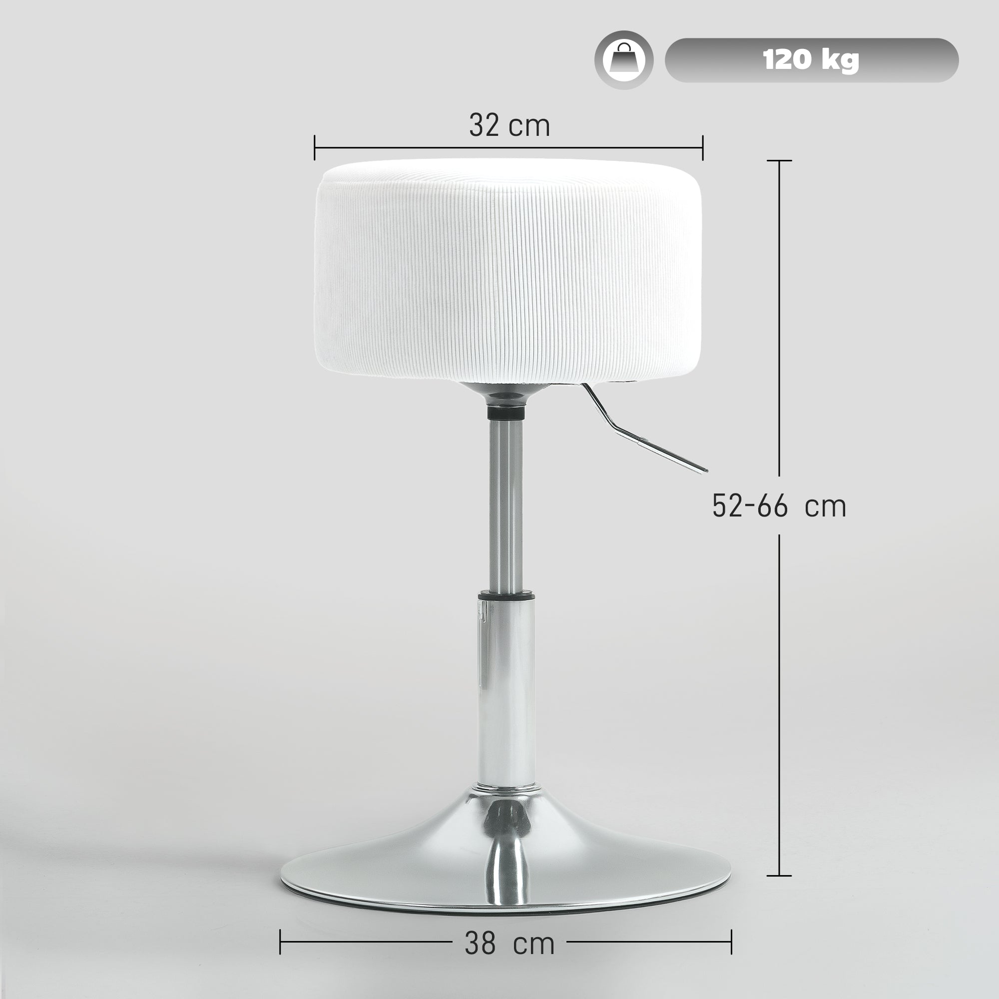 Bar Stool, Padded Bar Chair with Metal Frame, Cord Look, Height Adjustable Kitchen Stool with Footrest 360° Swivel Barstool for Kitchen, Living Room, Dining Room White