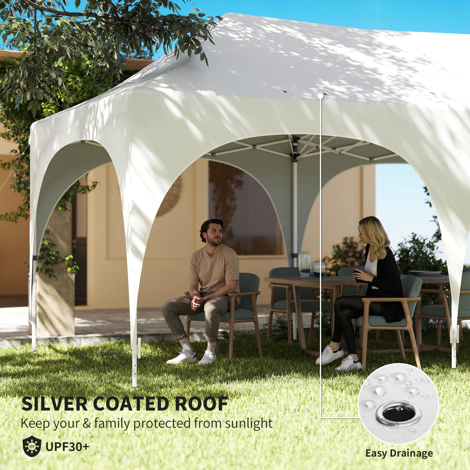 3 x 6 m Waterproof Pop-Up Gazebo — Adjustable Height, Pointed Roof, Drainage Vents, Removable Sidewalls, UPF30+ Sun Protection — Folding Party & Garden Tent, White