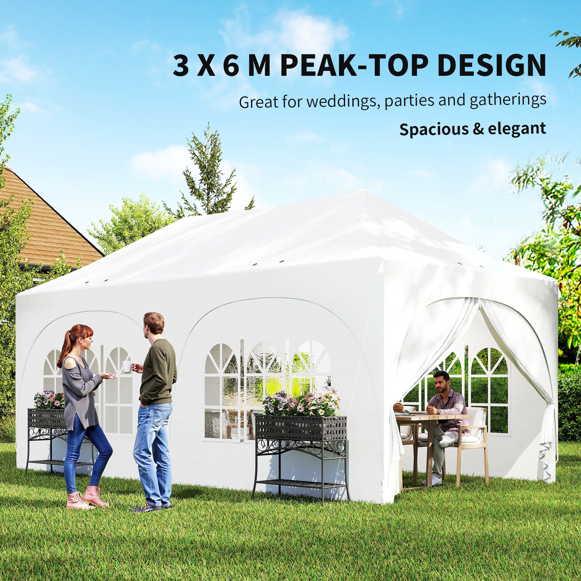 3 x 6 m Waterproof Pop-Up Gazebo — Adjustable Height, Pointed Roof, Drainage Vents, Removable Sidewalls, UPF30+ Sun Protection — Folding Party & Garden Tent, White