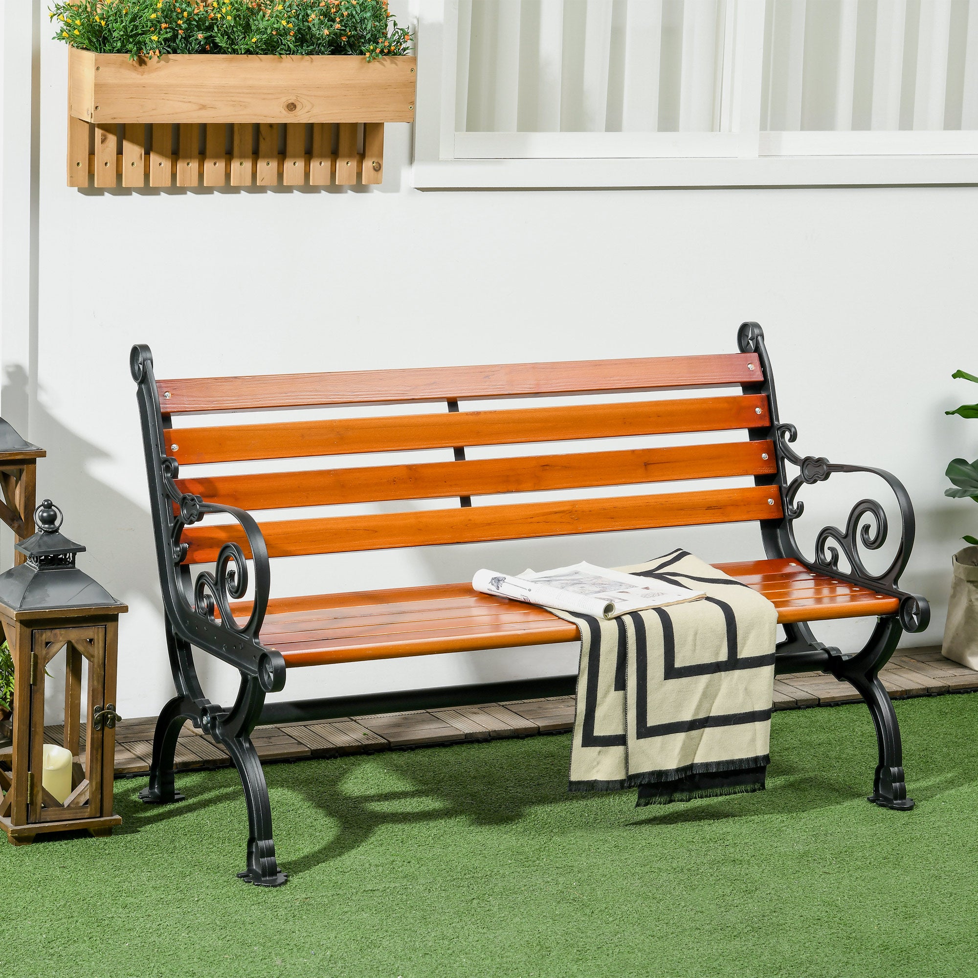 Garden Bench, Park Bench, Two-Person Bench with Armrests, for Garden, Balcony, Weatherproof, Wood, 120 x 64 x 79 cm, Teak