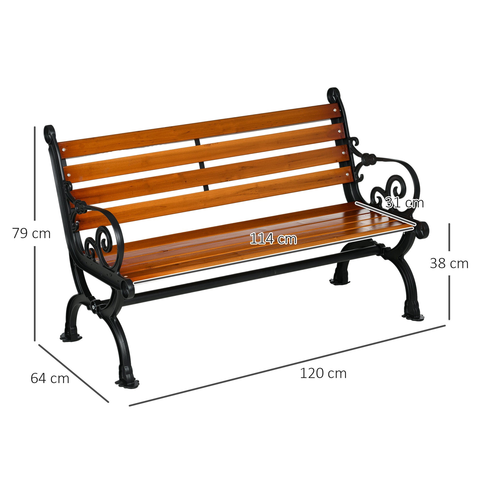 Garden Bench, Park Bench, Two-Person Bench with Armrests, for Garden, Balcony, Weatherproof, Wood, 120 x 64 x 79 cm, Teak