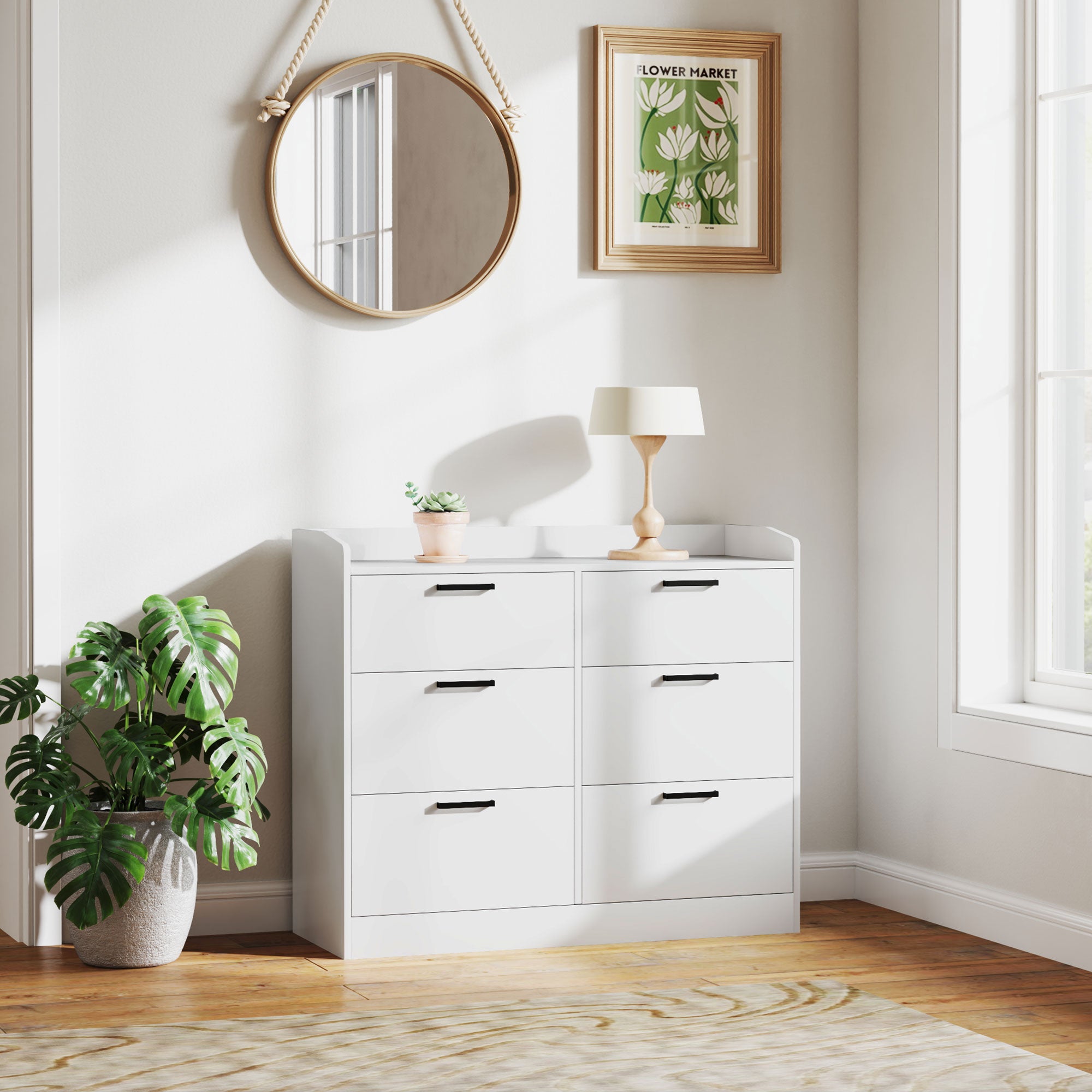 6-Drawer Dresser with Raised Edges and U-Shaped Handles, Modern Wood Dresser, 110x40x88 cm, White