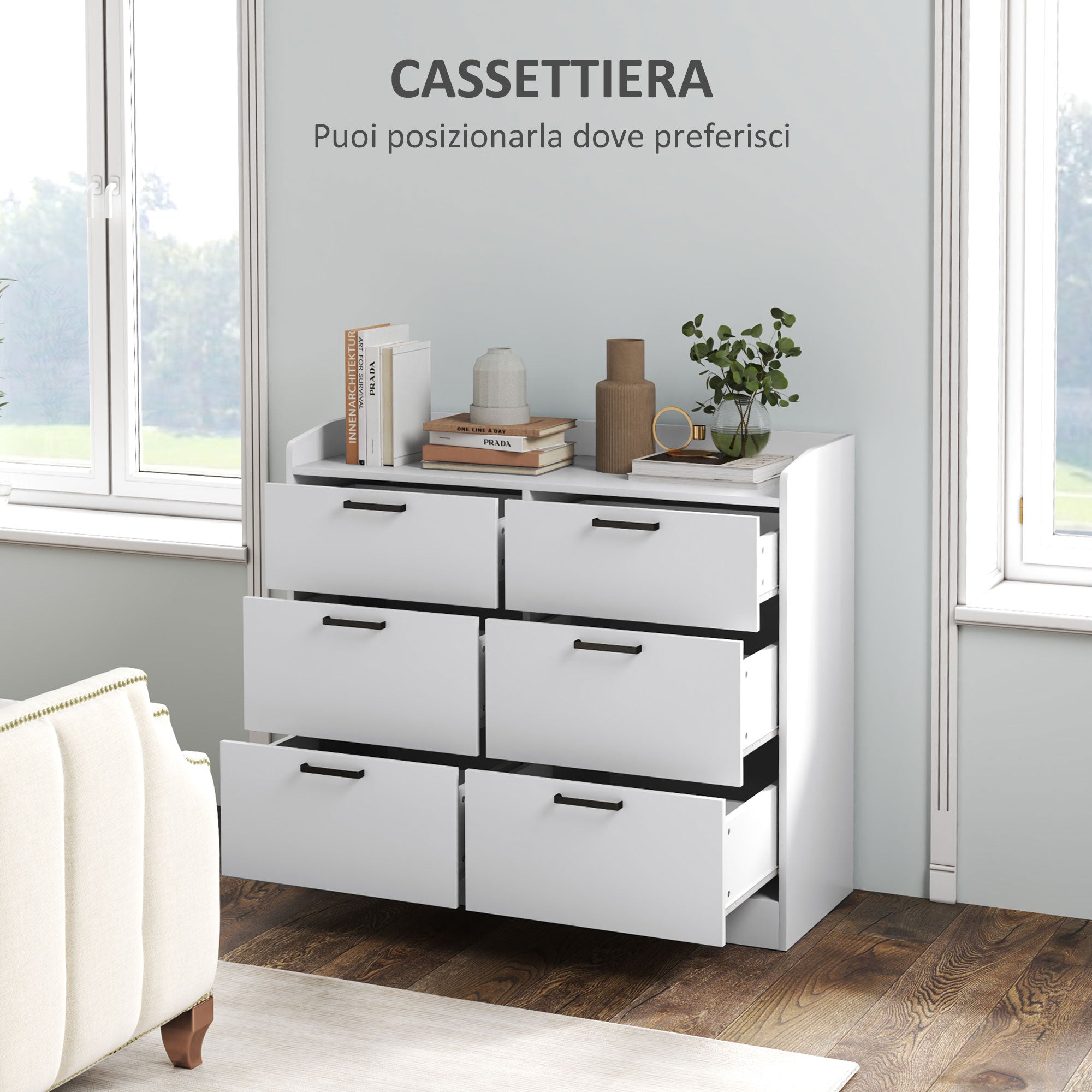 6-Drawer Dresser with Raised Edges and U-Shaped Handles, Modern Wood Dresser, 110x40x88 cm, White