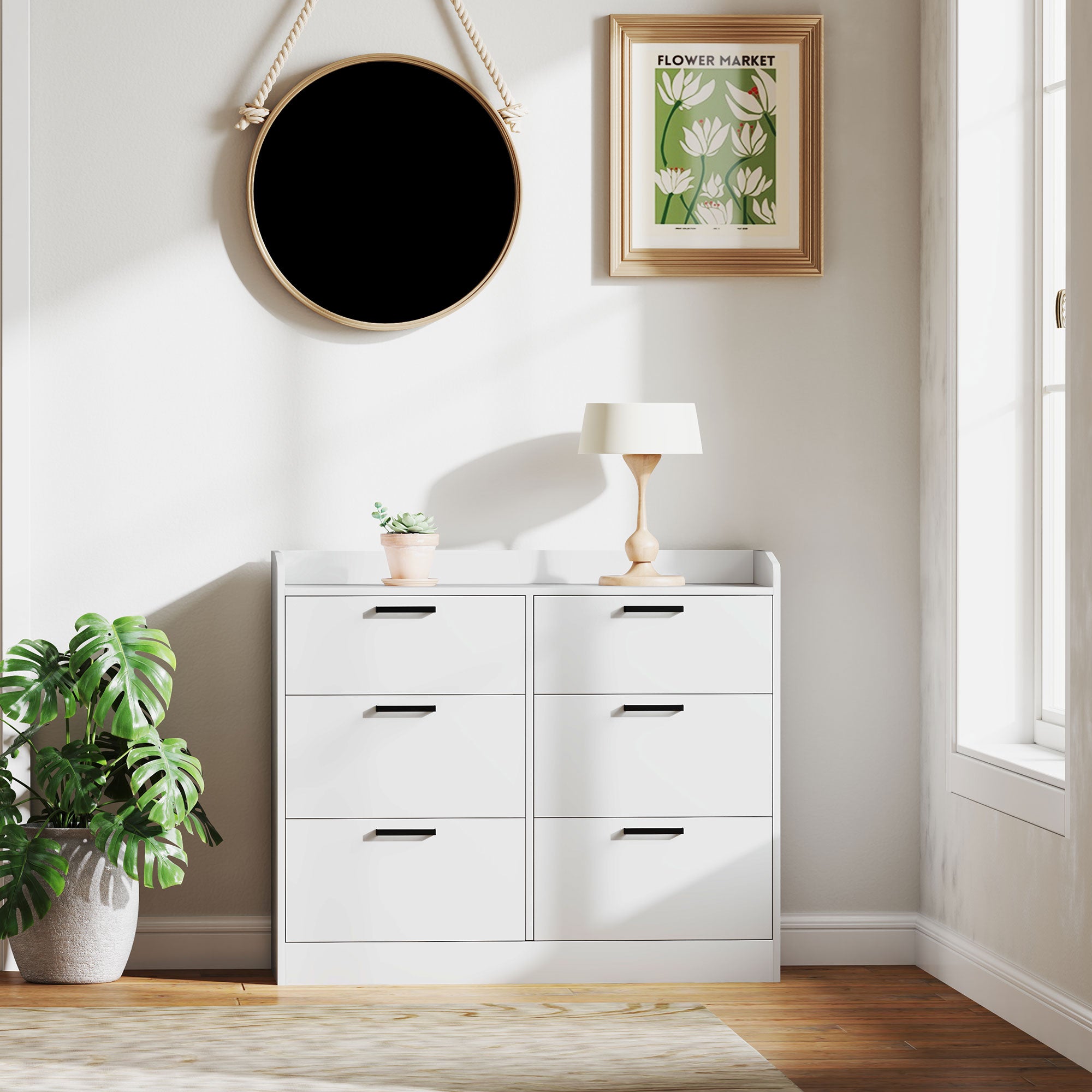 6-Drawer Dresser with Raised Edges and U-Shaped Handles, Modern Wood Dresser, 110x40x88 cm, White