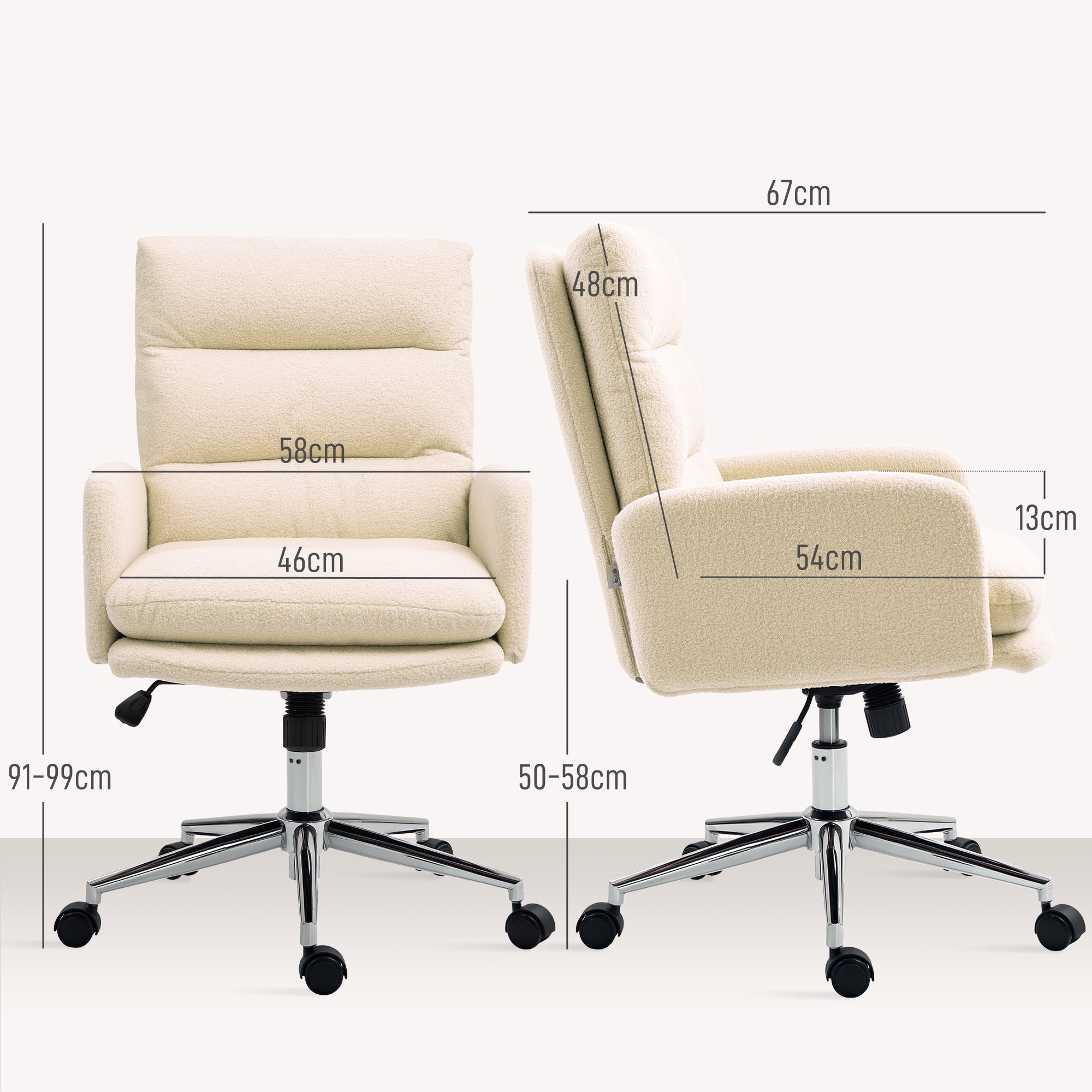 Ergonomic Office Chair with Armrest, Faux Lambswool Design, Height Adjustable Swivel Chair with Tilt Function, Padded Home Office Chair, Off-white