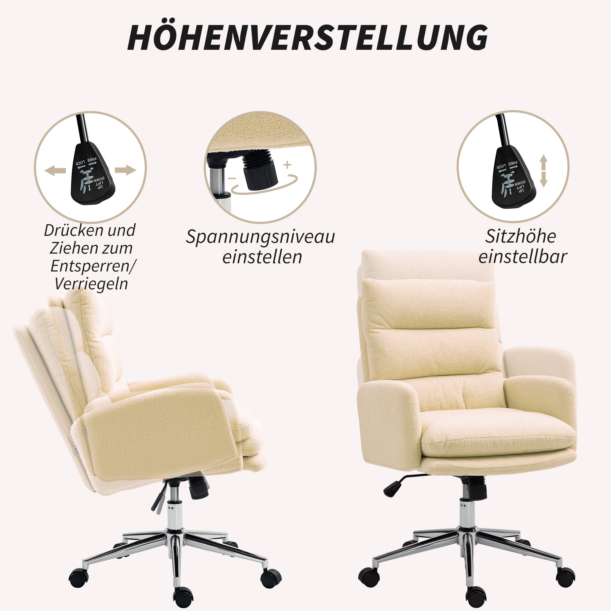 Ergonomic Office Chair with Armrest, Faux Lambswool Design, Height Adjustable Swivel Chair with Tilt Function, Padded Home Office Chair, Off-white