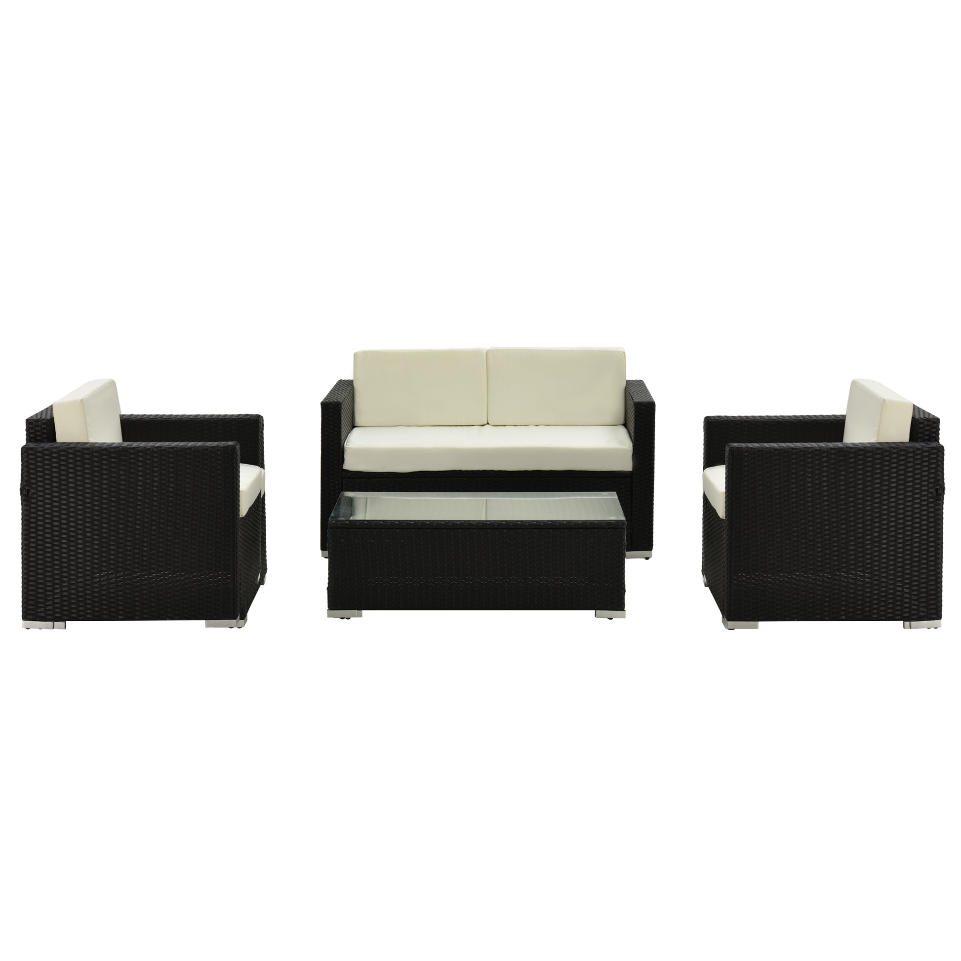 4-Piece PE Rattan and Metal Garden Set with 2-Seat Sofa, 2 Armchairs, and Coffee Table, Black