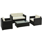 4-Piece PE Rattan and Metal Garden Set with 2-Seat Sofa, 2 Armchairs, and Coffee Table, Black