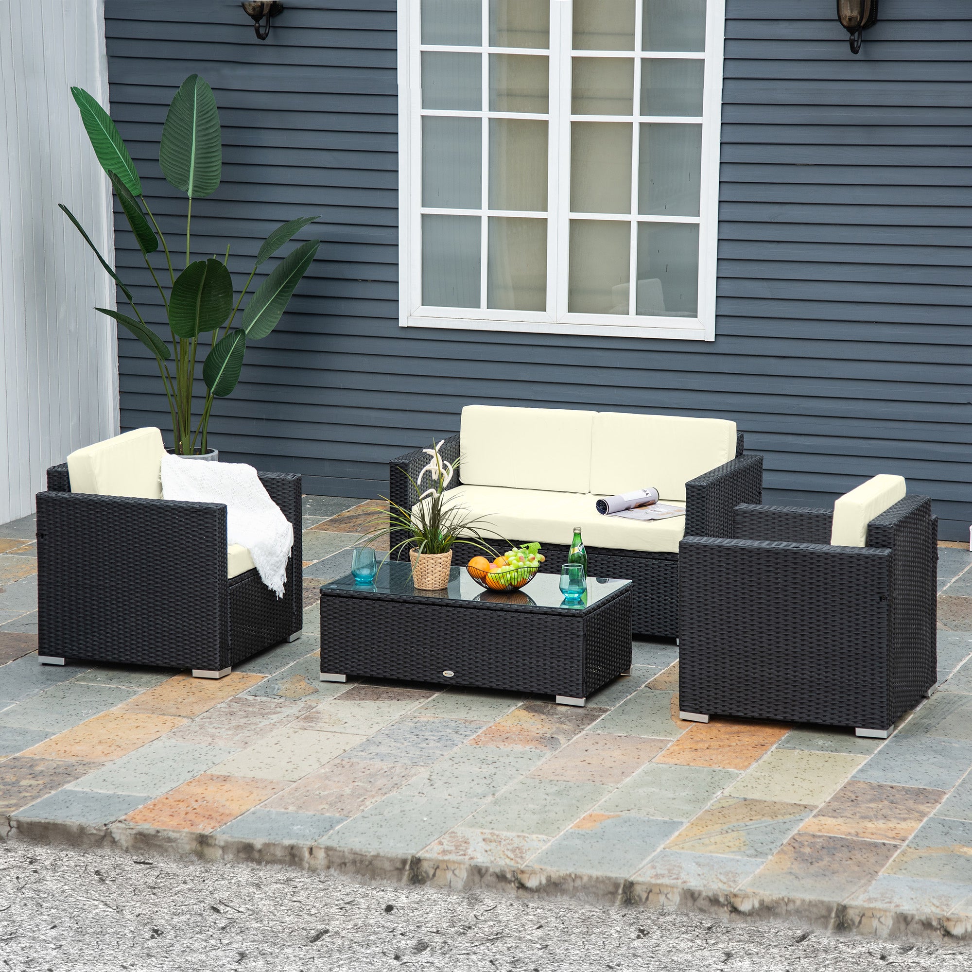 4-Piece PE Rattan and Metal Garden Set with 2-Seat Sofa, 2 Armchairs, and Coffee Table, Black