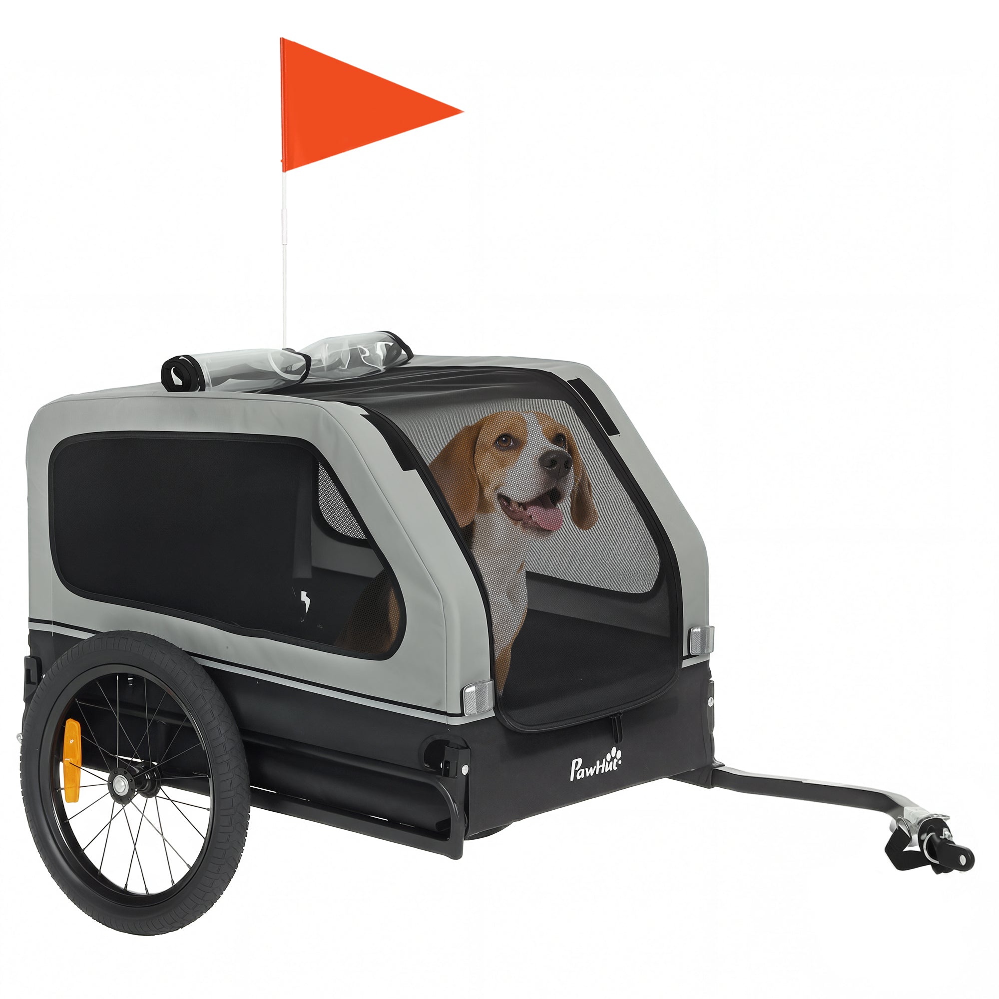 Foldable Dog Bike Trailer — Carrier for Small & Medium Dogs up to 44 lb, Fold-Down Ramp, Reflectors, Safety Leash & Flag, 54.3 x 27.2 x 27.6 in (138 x 69 x 70 cm), Gray