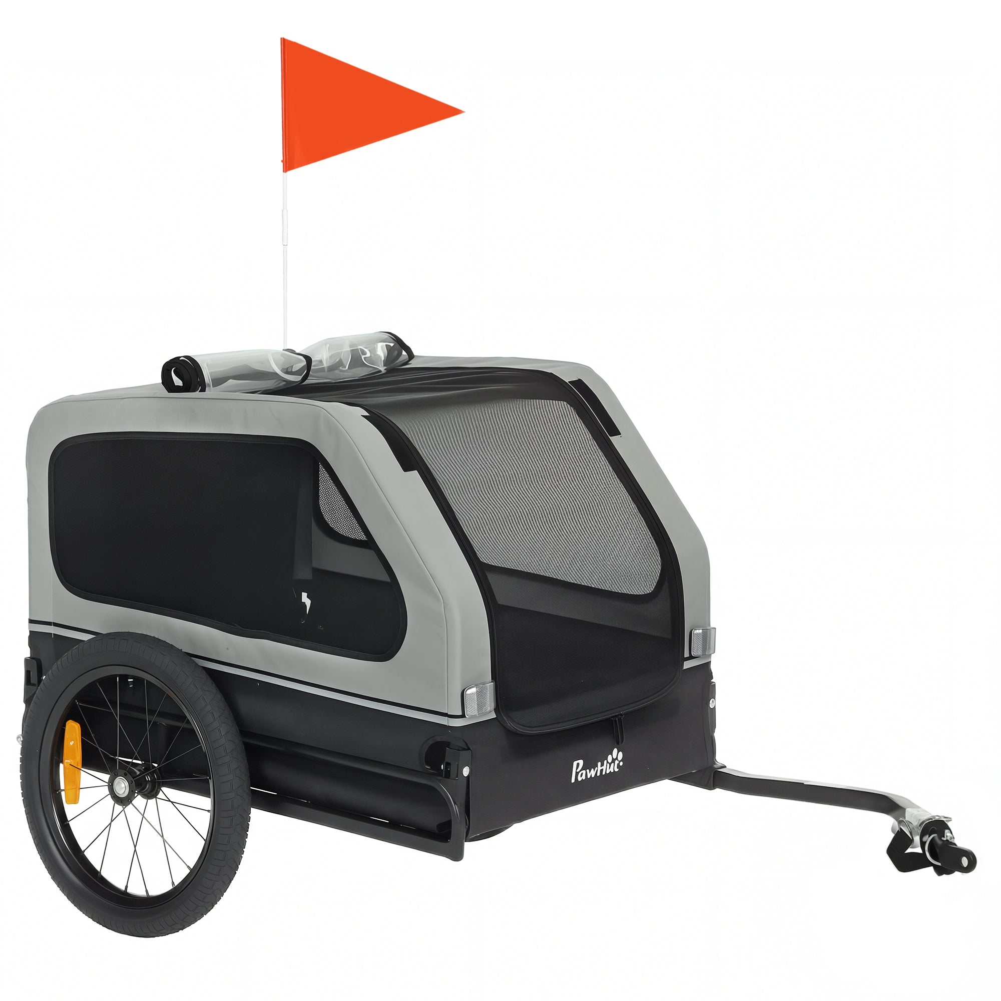 Foldable Dog Bike Trailer — Carrier for Small & Medium Dogs up to 44 lb, Fold-Down Ramp, Reflectors, Safety Leash & Flag, 54.3 x 27.2 x 27.6 in (138 x 69 x 70 cm), Gray