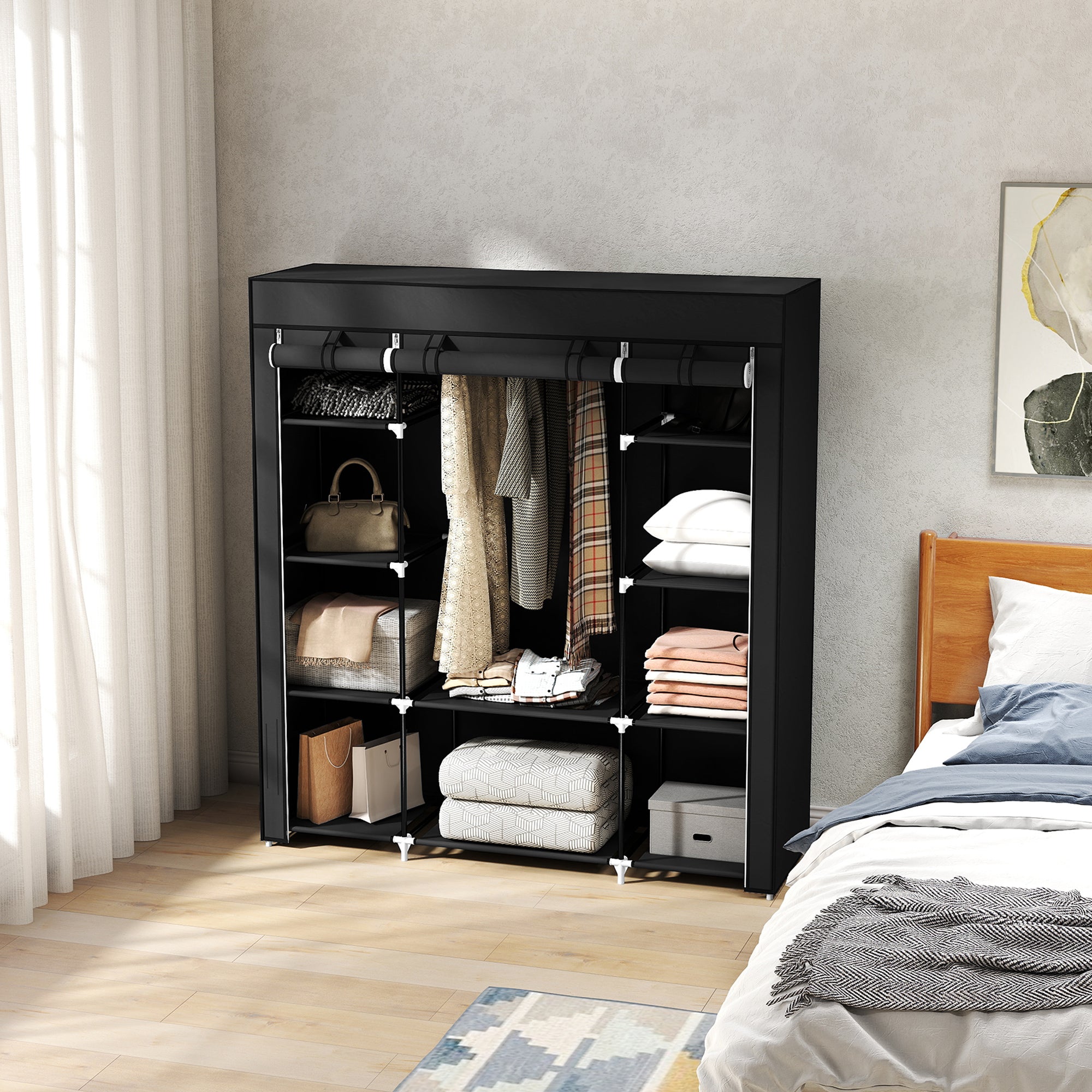 Fabric Wardrobe with 1 Clothes Rod, 10 Shelves, and Zipper, Fabric Foldable Wardrobe for Bedroom, Dressing Room, 150 x 43 x 162.5 cm, Black