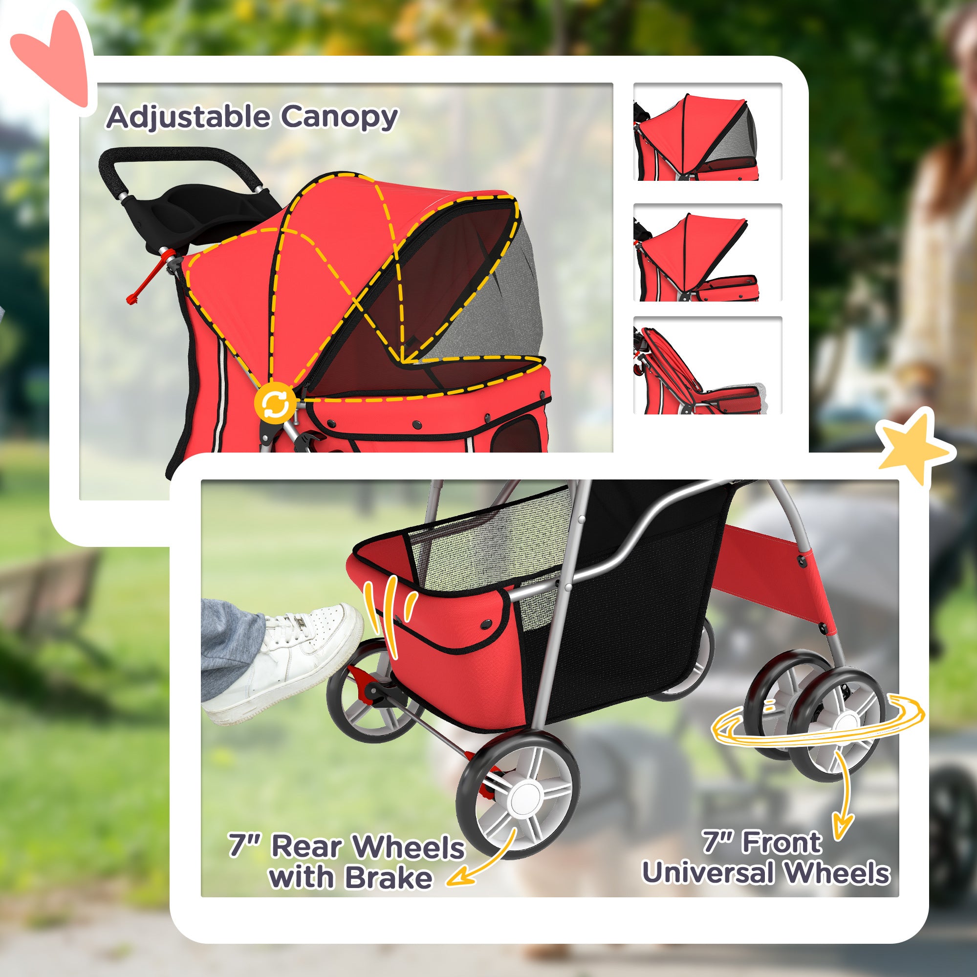 Foldable Pet Stroller for Small Dogs & Cats — Up to 22 lb, 360° Swivel Wheels, Brakes, Reflective Strips, Storage Basket, Washable Cushion, Cup Holder, Red